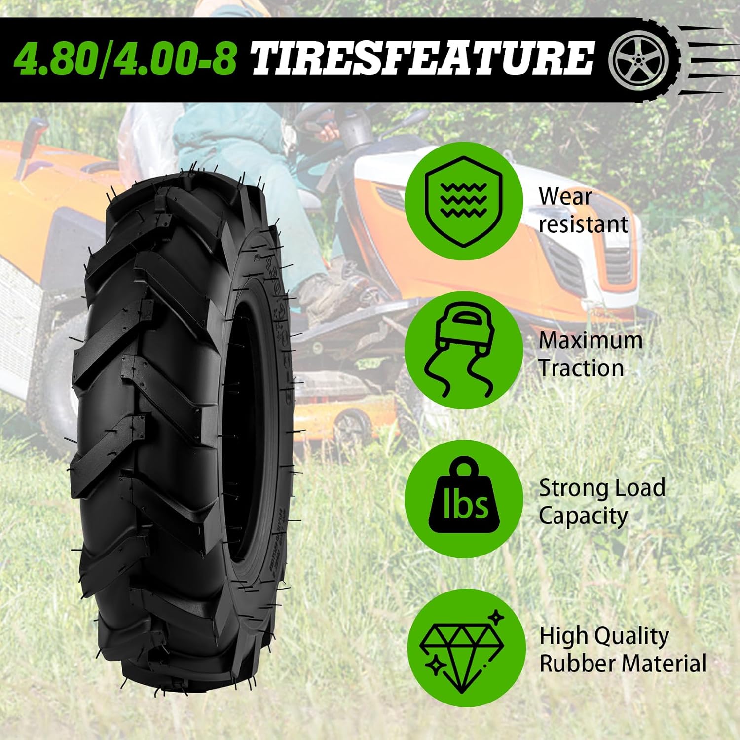 2 PCS 4.80/4.00-8 Tiller Tires Tubeless, 4.80x4.00-8" Turf Lawn Garden Tires for Tractor Tillers Golf Cart Most Garden Lawn Mower Tires