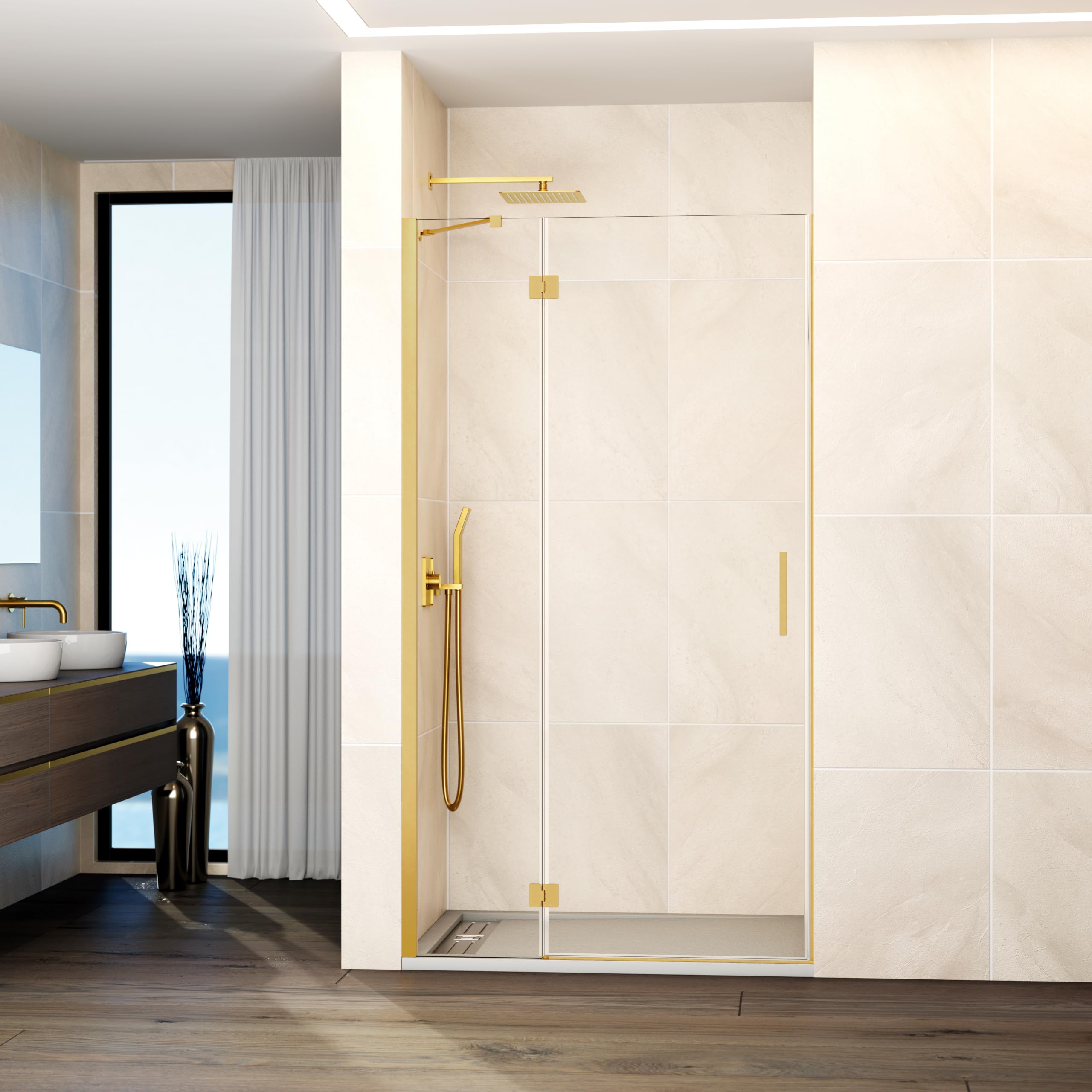 GME - Mampara Ducha Frontal 1 Puerta Fija + 1 Corredera 100cm Oro | Mampara de Cristal con Perfilería de Aluminio y 195cm de Altura | Cristal Templado 6mm Antical Y Cierre Magnético