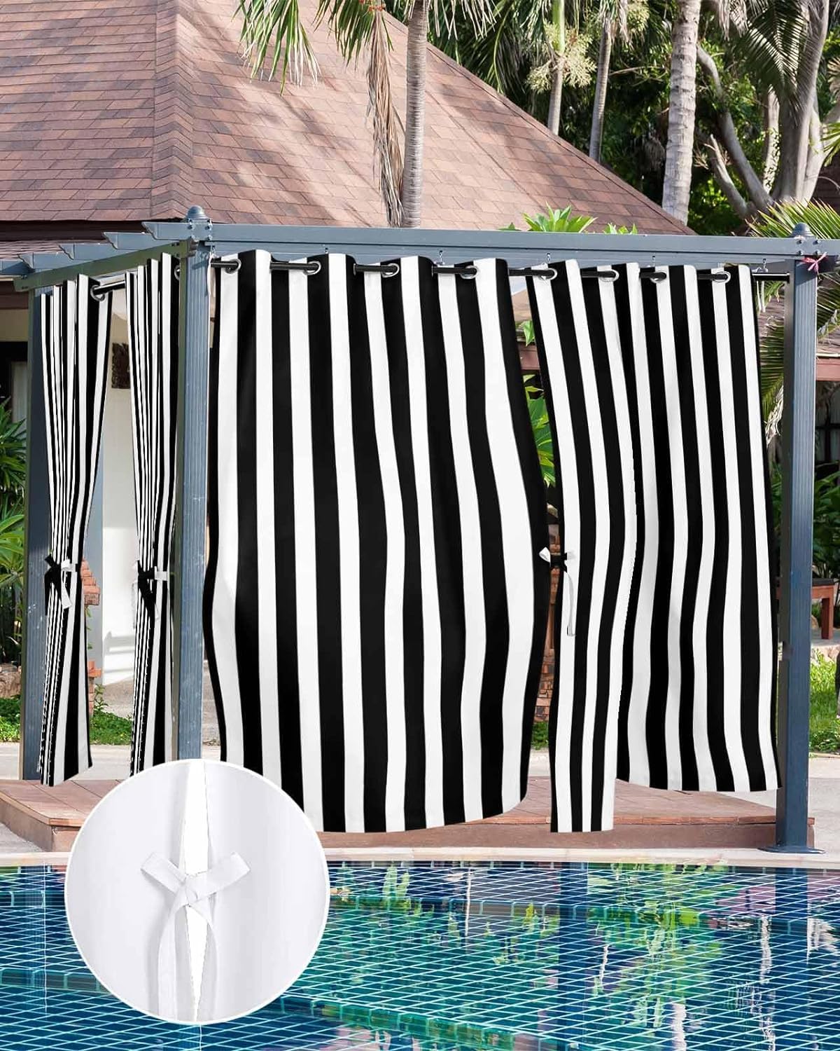 Outdoor-Vorhänge für Terrasse, schwarz-weiß gestreift, wasserdicht, Privatsphäre, Außenvorhänge, Ösen, Pergola-Vorhänge für Veranda, Cabana, Pavillon, 2 Paneele, 137,2 x 213,4 cm