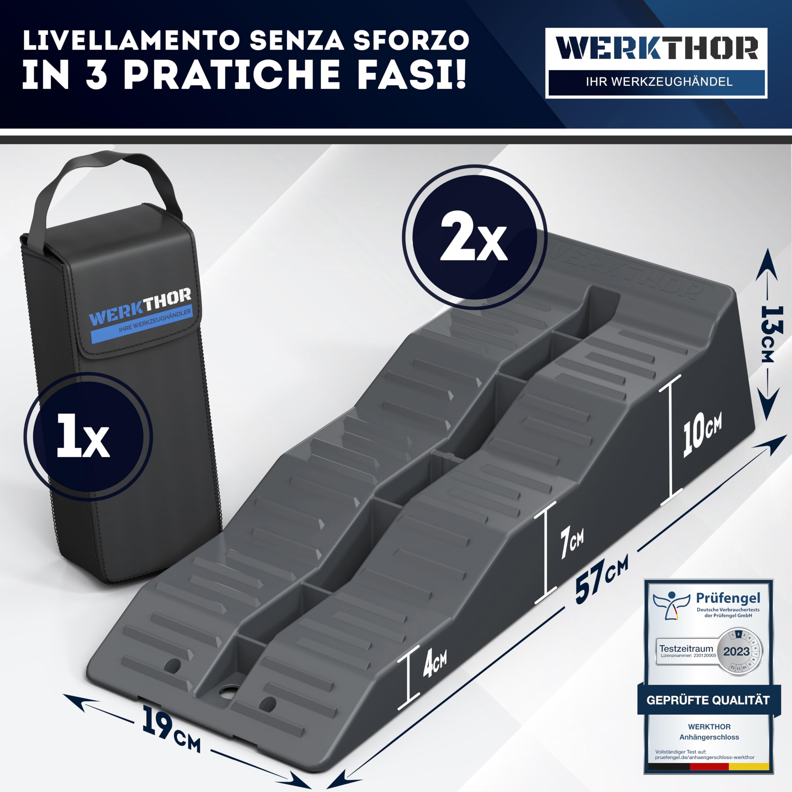 WERKTHOR Cunei per Camper [Grigio Set 2 Pezzi] con Borsa | Cunei Livellatori Camper fino 5T per Roulotte Van | Pedane Auto Sollevamento Resistenti Antiscivolo