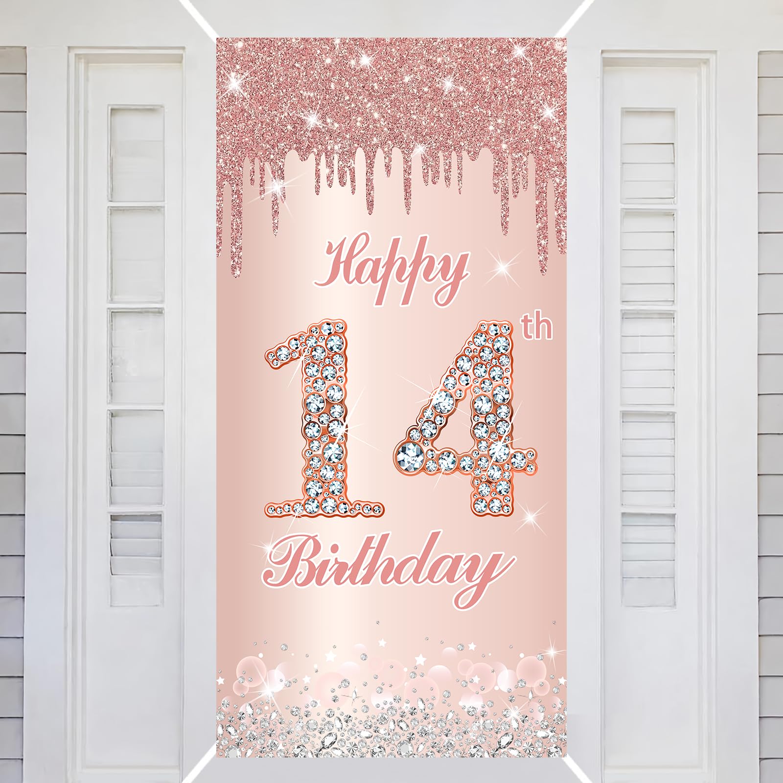 14th Happy Birthday Decorations Door Banner Pink Rose Birthday Banner for Party Backdrop for Women Door Cover Party Decoration Supplies Poster — image 1