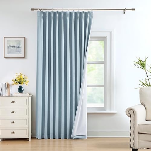 Pinch Pleated Blackout Curtain Panels with Full Blackout Liner Linen Texture Window Treatment Sets with Back Tab for Living Room Bedroom Thermal Insulated Drape with 12 Hooks, 60"x95"x1, Dusty Blue