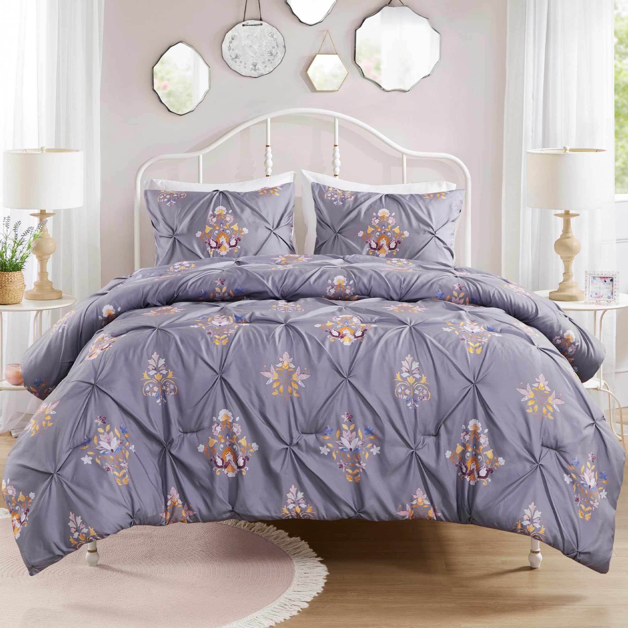 Comfort Spaces Purple Comforter Set - 3 Pieces Pintuck Tufted Vintage Floral Bedding Set, All Seasons Skin-Friendly, Lightweight & Soft Microfiber Bed Set, Shams, Misha, Full/Queen
