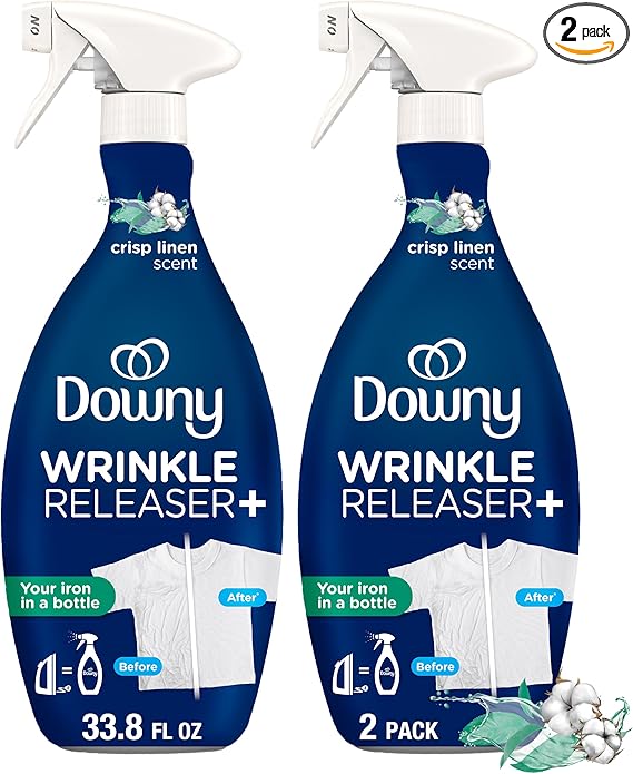 Downy Wrinkle Releaser Spray, All In One Formula, Removes Wrinkles, Static and Odor Eliminator, Crisp Linen Scent, 33.8 Fl Oz, Pack of 2 (Packaging May Vary)