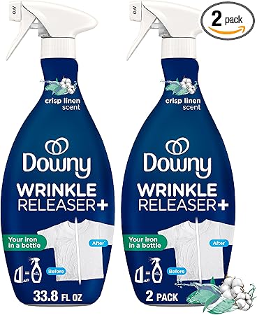 Downy Wrinkle Releaser Spray, All In One Formula, Removes Wrinkles, Static and Odor Eliminator, Crisp Linen Scent, 33.8 Fl Oz, Pack of 2 (Packaging May Vary)