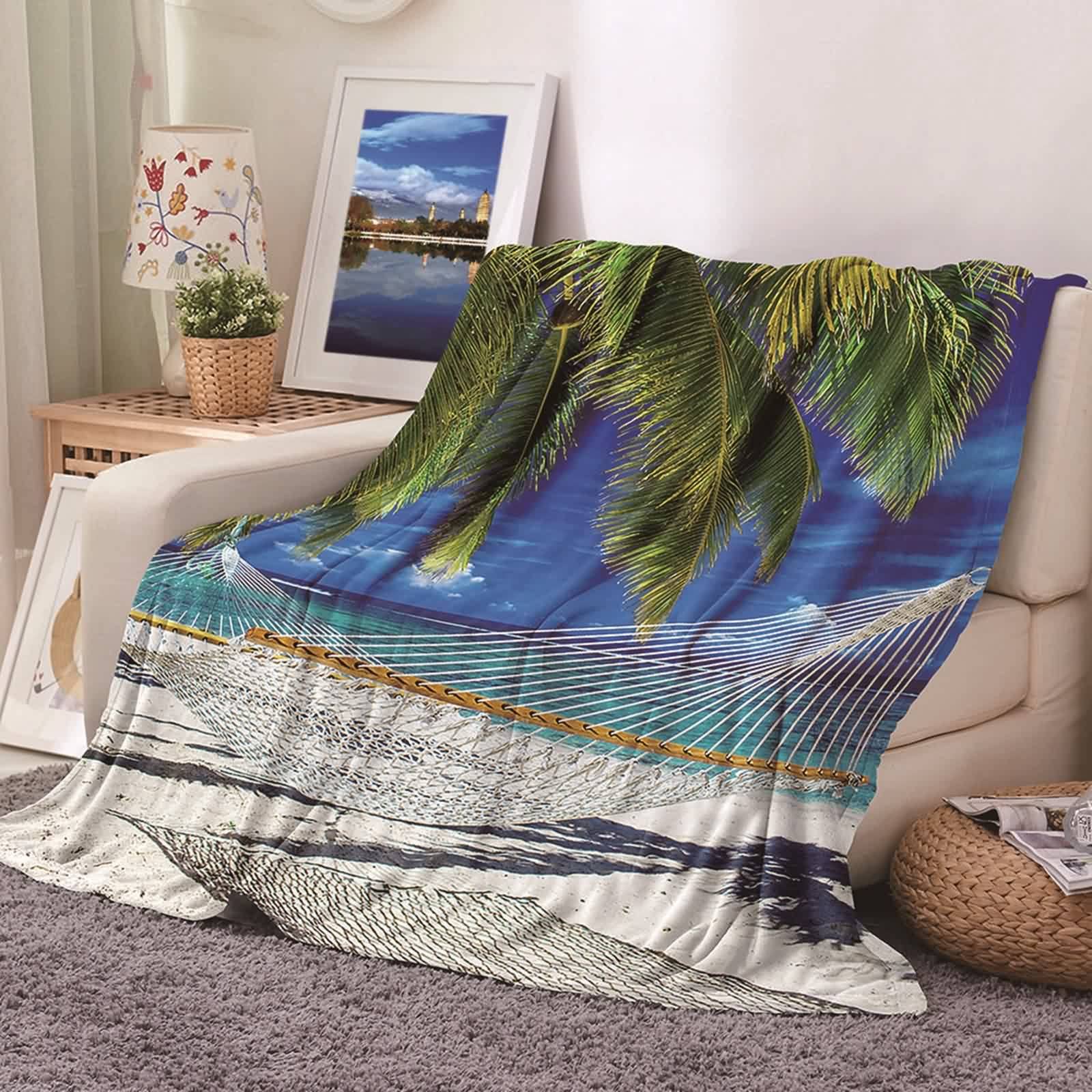Soft Blanket Blue, Blanket Throw Warm Flannel Green Hammock Beach Palm Leaf 160x200CM for Sofa Bed Office Car Gifts