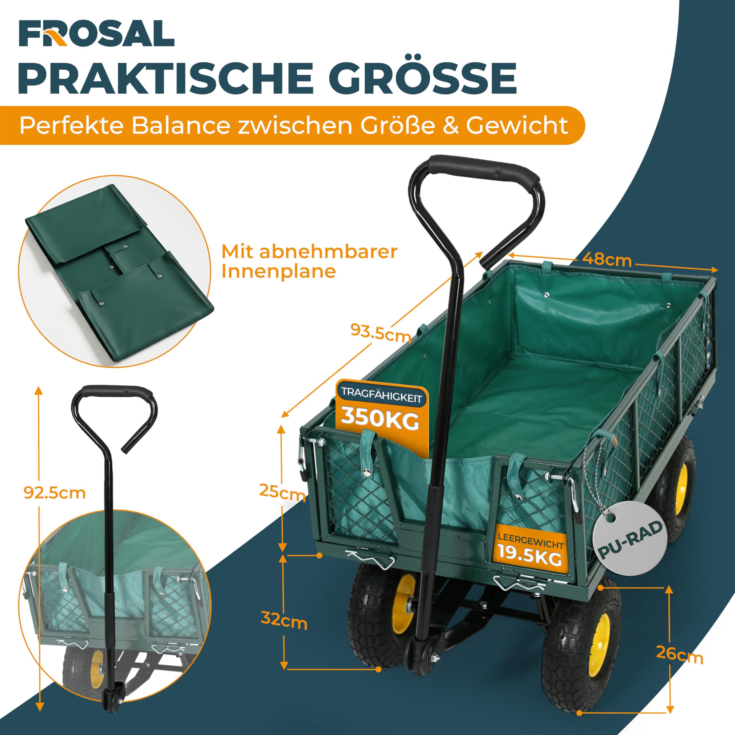 FROSAL Transportwagen Phil mit PU-Rädern – Gartenwagen mit klappbaren Seitenwänden – Eigengewicht 19,5 kg – bis 350 kg Tragkraft – Maße 96,5×50,5×56,5 cm – Ø 26 cm Räder – Stahlrahmen mit Innenplane
