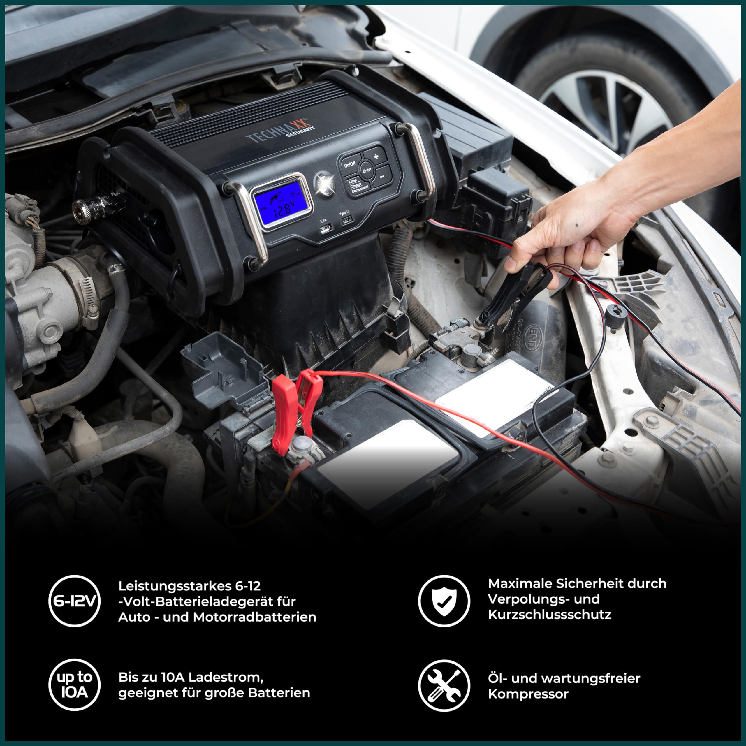 Technaxx Caricabatterie 10A con compressore d'aria TX-193 - Caricabatterie 6-12V per batterie auto e moto - Regolatore di pressione digitale, spegnimento automatico, adattatori vari