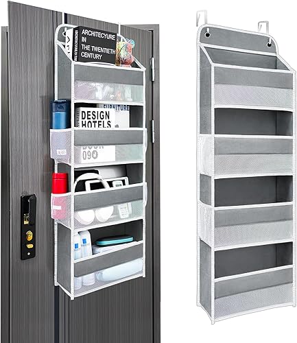 Organizador sobre la puerta con 4 bolsillos laterales de malla, capacidad de peso de 44 libras para colgar detrás de la puerta, almacenamiento