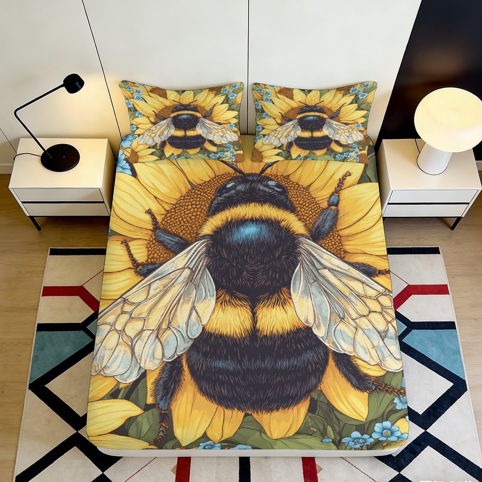 3D Printed Sunflower Bee Fitted Sheet Microfiber Bedroom Deep Pocket Non-Slip Sunflower Bee Mattress Fitted Cover Washable Elastic Hem for Adult Teen 180x200x25cm