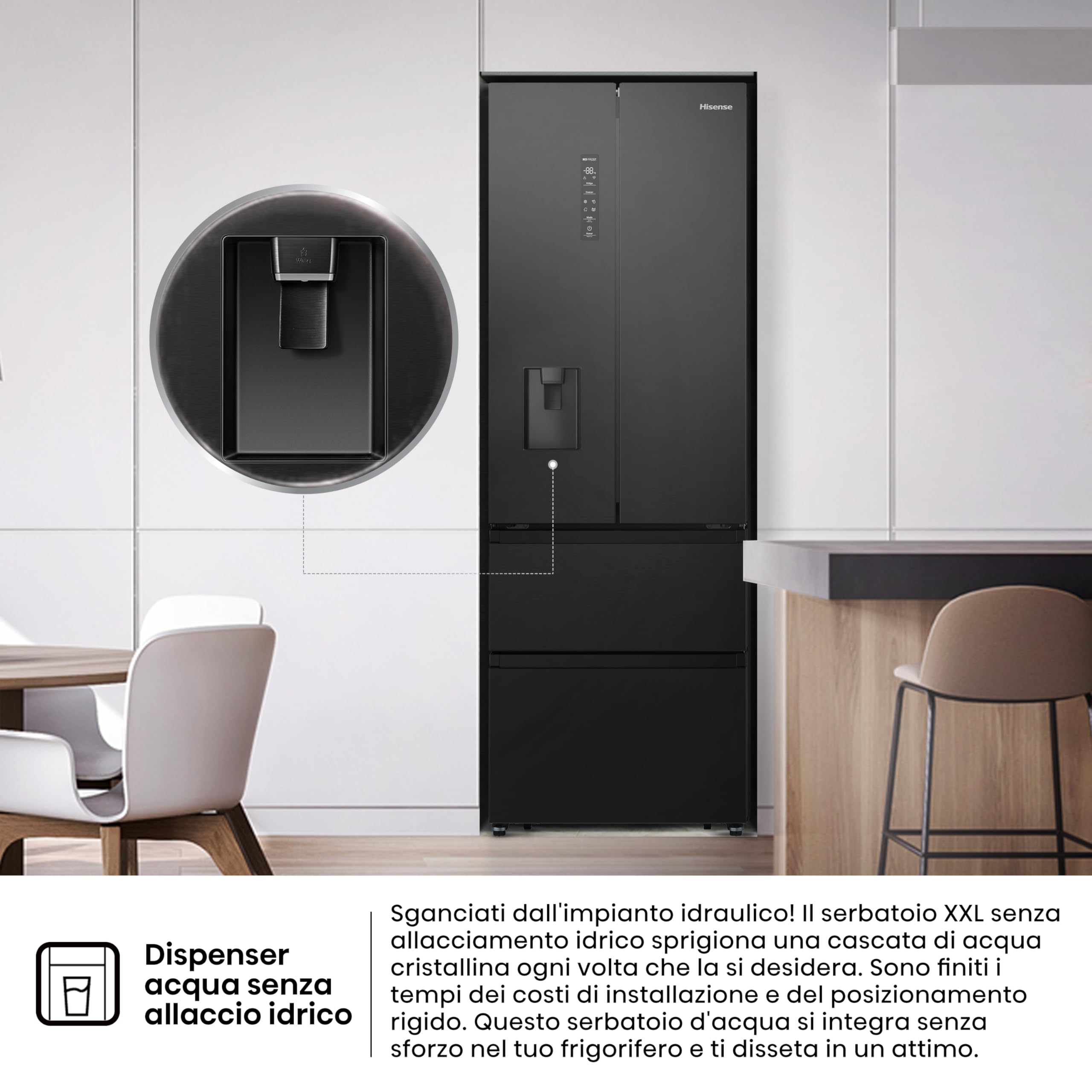 Hisense RF632N4WFE1 Frigorifero French Door, 485 Litri, Ridotta Profondità 70 Cm, Black, Metal cooling, Total No Frost, Classe Energetica E
