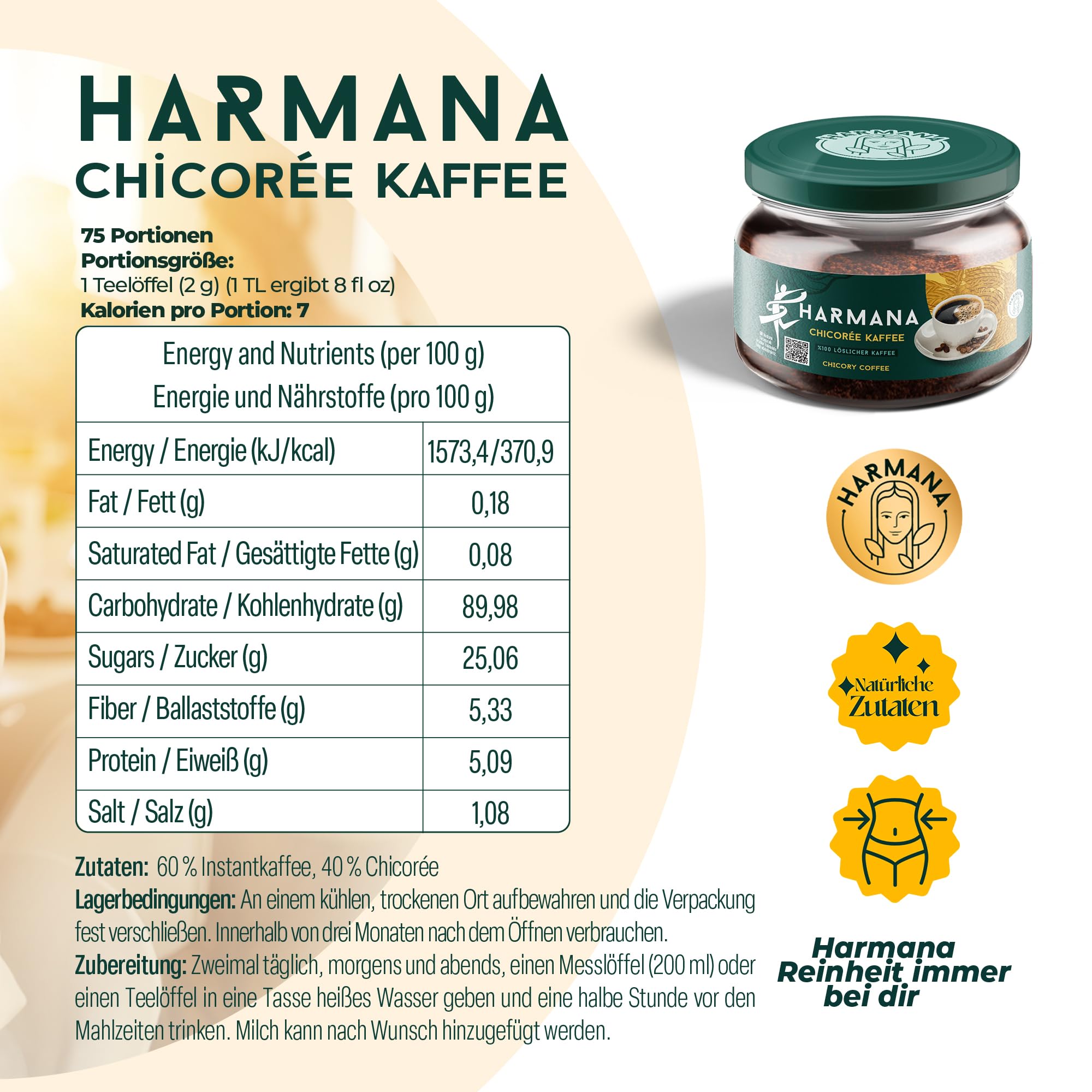 Harmana Zichorienkaffee Instant, 150g (60 Portionen), 60% Instant Kaffee, 40% Zichorie, mit Koffeinfrei für mehr Energie Coffee, kräftiger Geschmack, natürlich, ohne Zuckerzusatz