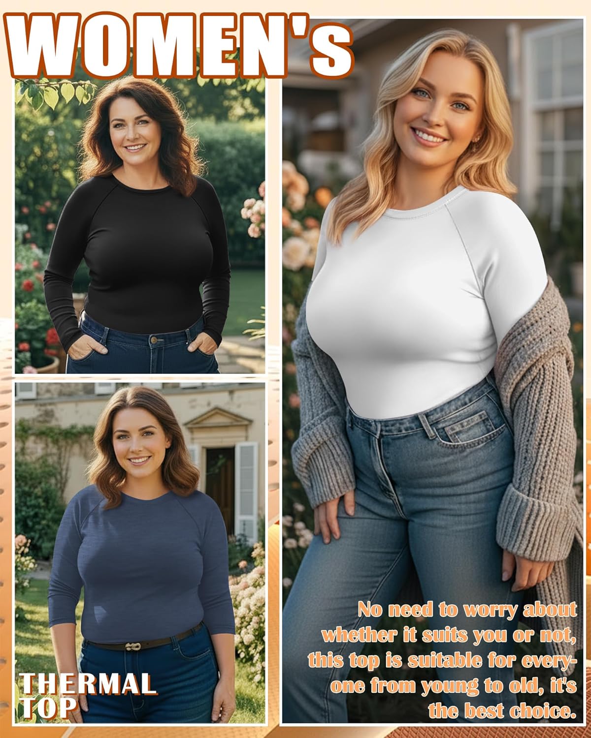 4 Pack Women's Plus Size Thermal Shirts, Fleece Crew Neck Long Sleeve Underwear Tops Slim Fitted Base Layer - Image 3