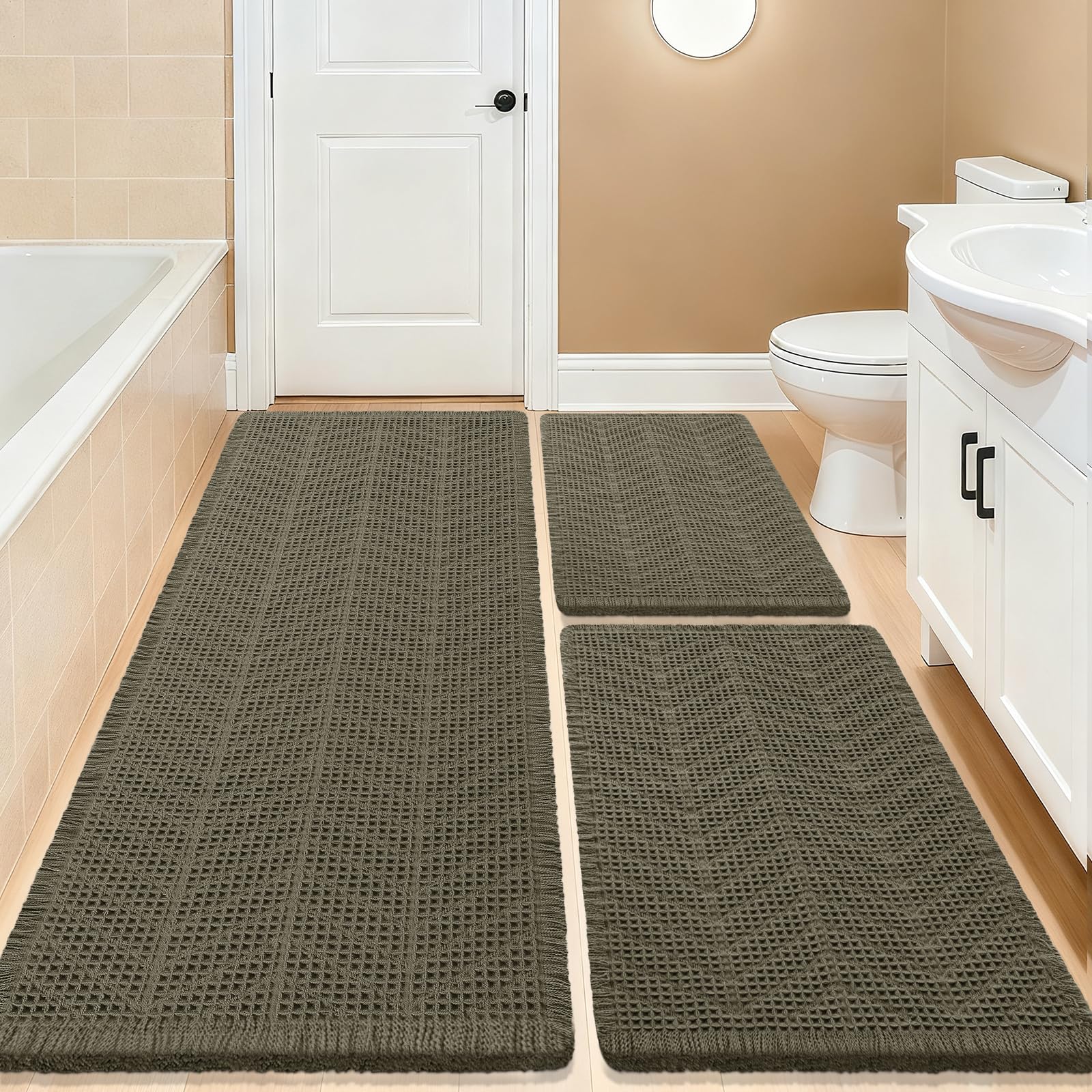 Upgrade Waffle Bath Mat Set 3 Piece, Greyish Green, Boho Bathroom Rugs Absorbent Non Slip, Ultra Soft Bathroom Mat, Machine Washable Knit Bath Rugs with Herringbones for Bathroom, Bedroom, Kitchen