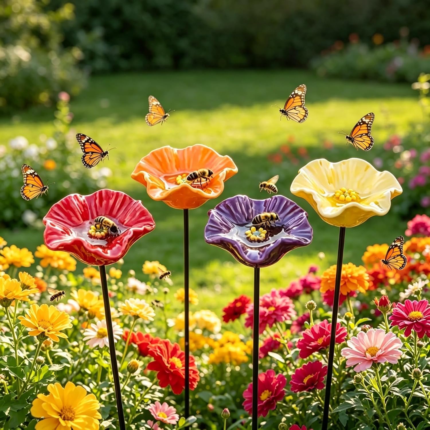 Bee Water Feeder Flower, Bee Watering Station for Garden Cups Butterfly Bees Ceramic Drinking and Water Bath Feeder Cup Blossoms Flowers Shaped Design Poppies Bowl Wildlife Feeding Watring Pollinator โ image 1