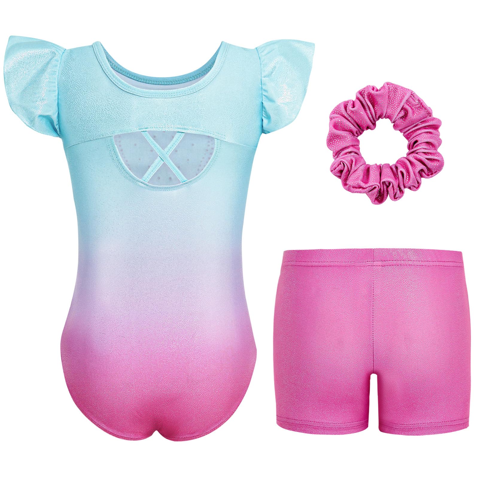 Gogokids Conjunto de gimnasia de 3 piezas con mangas voladas para niñas, leotardos de gimnasia para niños con lentejuelas degradadas y diseño de purpurina, juego de disfraces de gimnasia que incluye