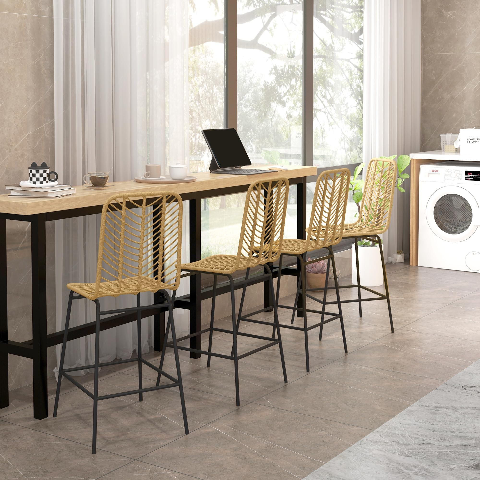 HOMCOM Set di 4 sgabelli da bar, sedie da bar, seduta 66 ore, schienale in cannage e poggiapiedi, telaio in acciaio, design bohemien, sedie alte cucina, sala da pranzo, controsoffitto, giallo
