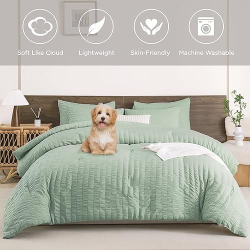 Miniatura 4 de Andency Edredón verde salvia, tamaño matrimonial (79 x 90 pulgadas), 3 piezas (1 edredón texturizado de sirsaca y 2 fundas de almohada), 100%