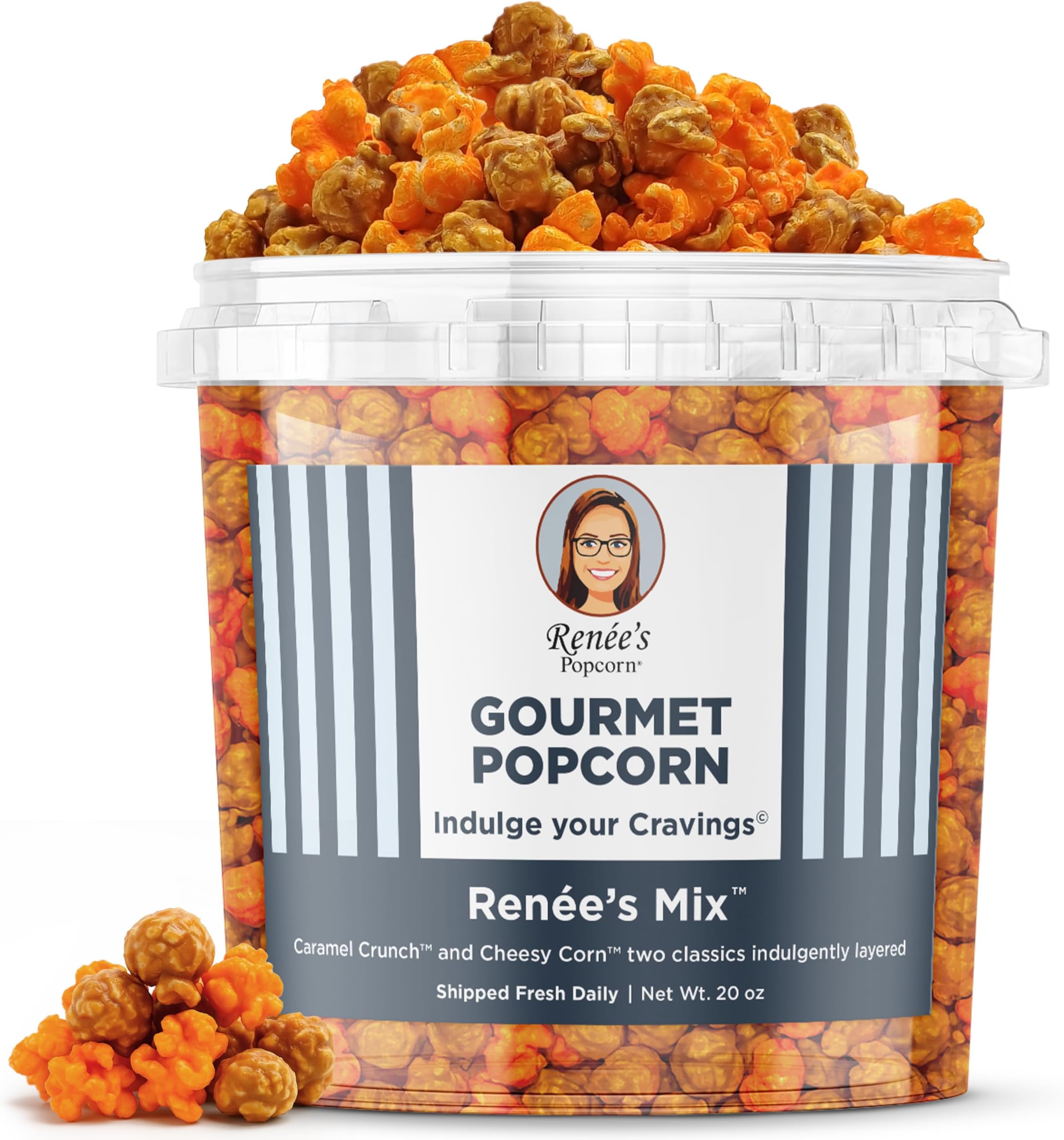 Renée’s Mix™ Gourmet Popcorn – Mix of brown sugar Caramel Crunch™ corn, Wisconsin cheddar Cheesy Corn™ - an indulgent, crispy, cheesy, sweet popped fresh, handmade, Chicago style snack or gift - 1.1 gallon plastic bucket tin, 20 oz bulk party size.