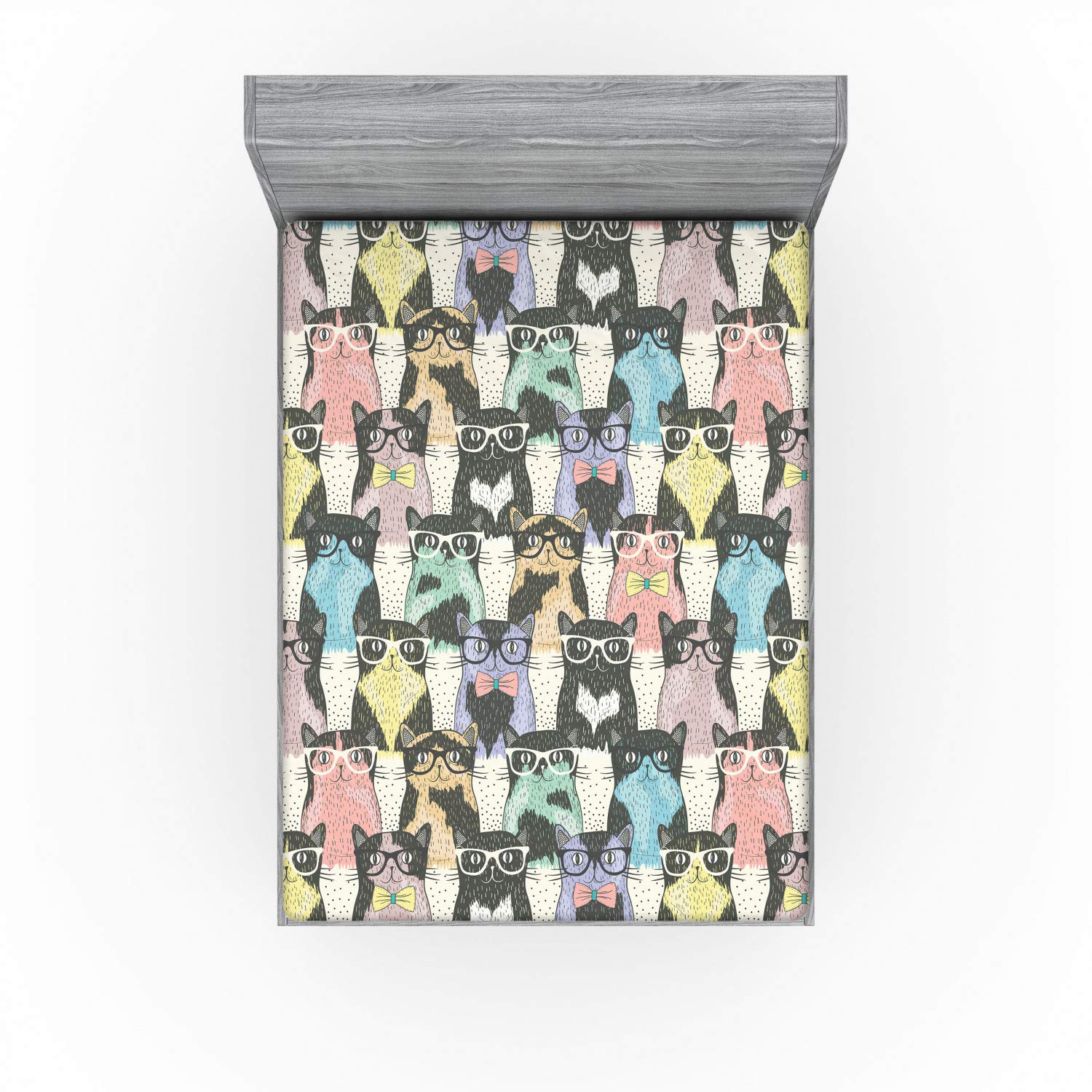 Ambesonne Funny Cartoon Fitted Sheet, Theme of Playful Hipster Cats with Glasses Colorful Dotted Designed Print, Bed Cover with All-Round Elastic Deep Pocket for Comfort, King Size, Grey Charcoal