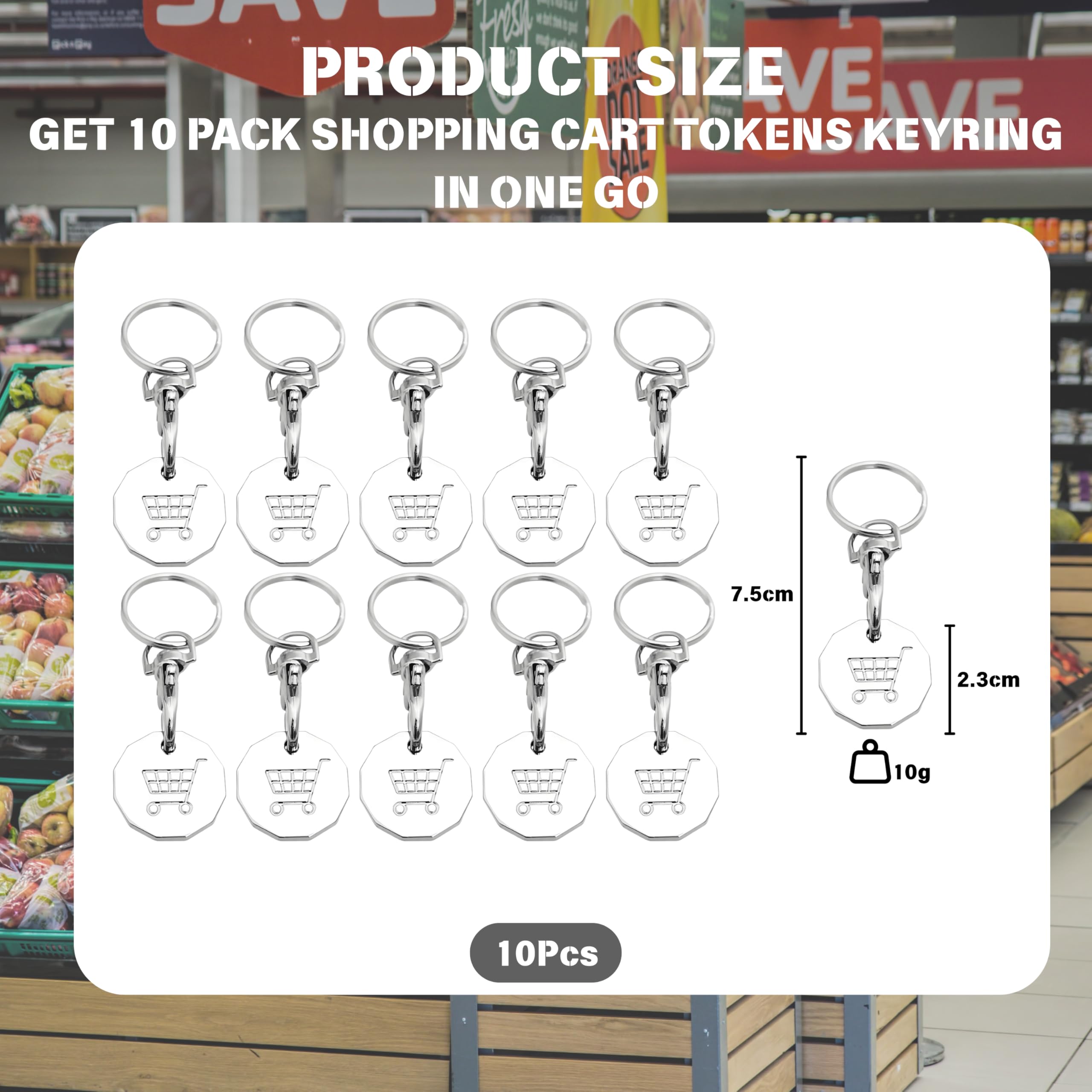 10 Pack Shopping Cart Tokens Keyring - Supermarket Cart Coins with Pound Replacement, Silver - Image 3