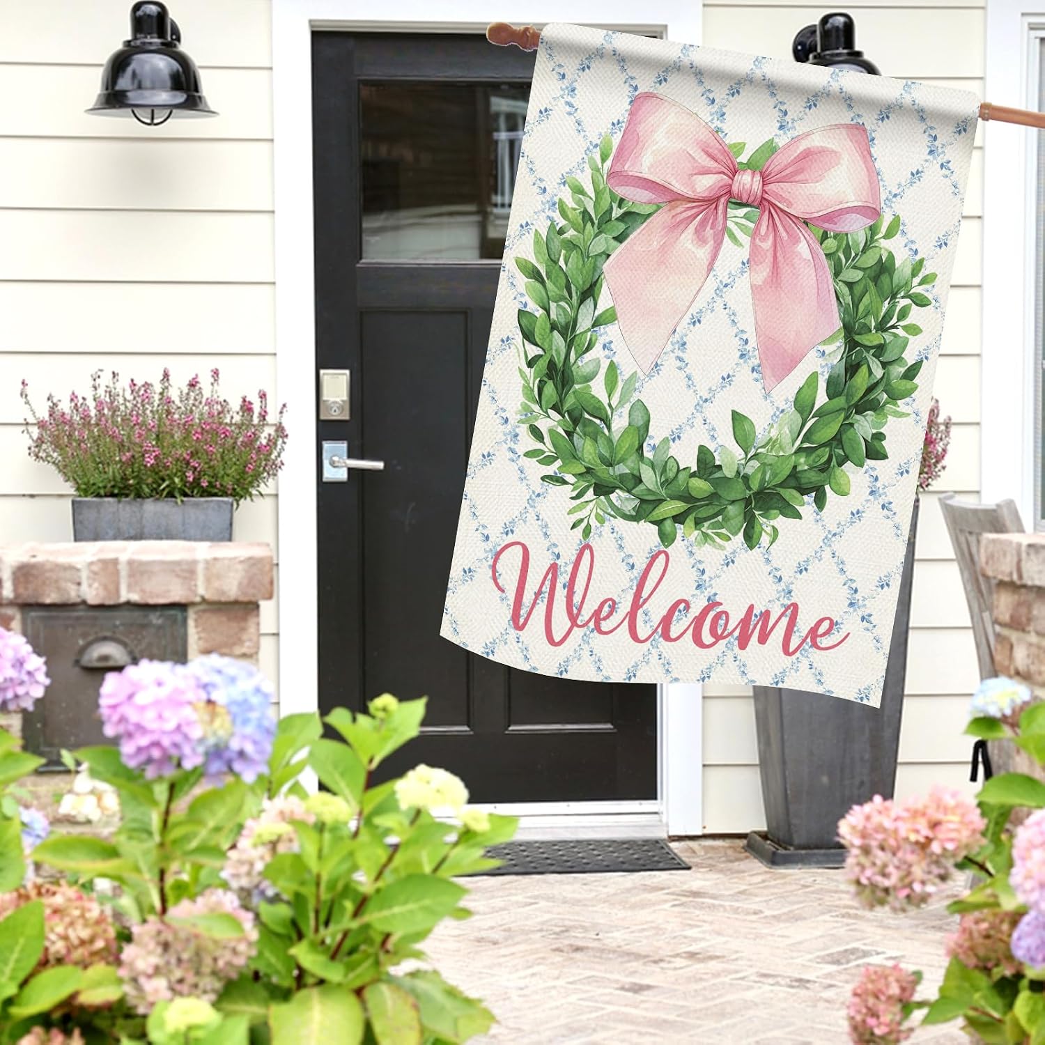 Dyrenson Welcome Pink Bow Wreath 28 x 40 House Flag Double Sided, Coquette Ribbon Eucalyptus Leaves Garden Yard Decoration, Botanical Plants Burlap Outdoor Decor Decorative Large Flag
