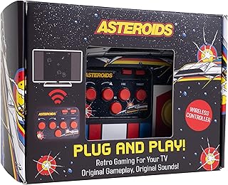 Fizz Creations Asteroids Plug & Play HDMI Arcade Spielekonsole mit kabellosem Controller, klassisches Retro-Spiel für TV, Familien-Retro-Gaming, Nostalgie-Geschenk