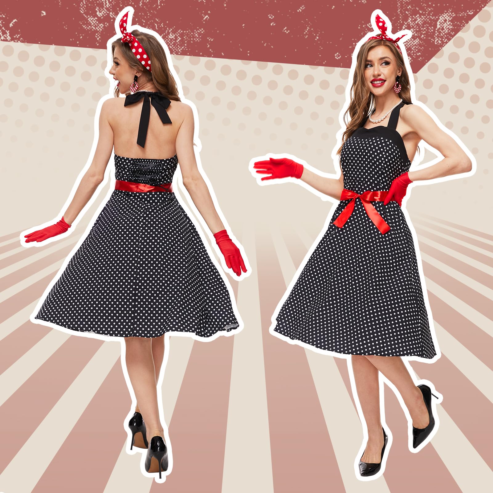 JONRRYIN Vestito Anni 50 Donna, Rockabilly Accessori Anni 50 Donna, Abito Gonna Anni 50 Donna, Vintage Costume Anni 50 Donna con Occhiali, Earrings, Guanti, Collana per Carnevale