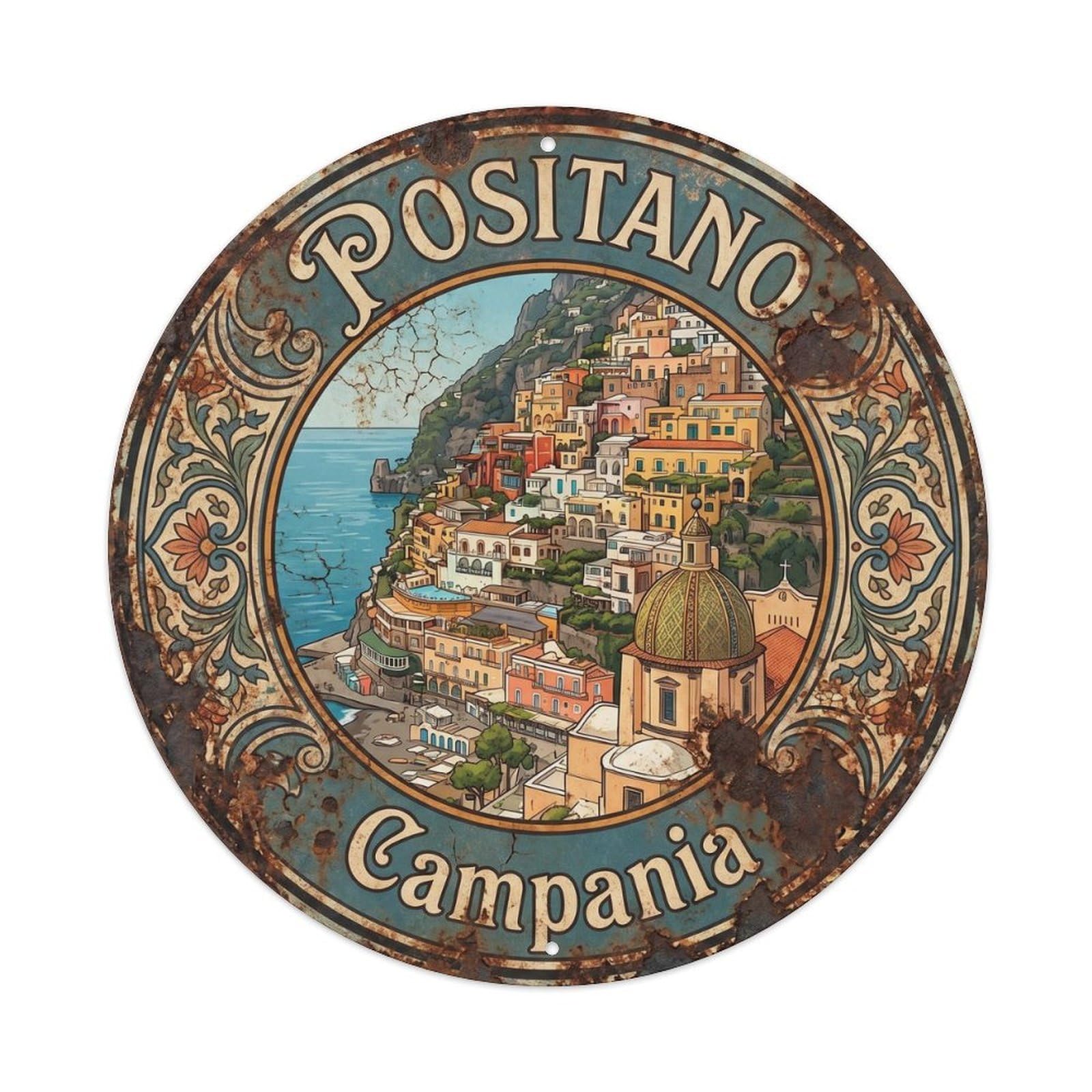 Vintage Travel Positano Italy Culture Metal Tin Sign Plaque Wall Decor for Cafe, Club, Garden Round Metal Poster 8x8Inch