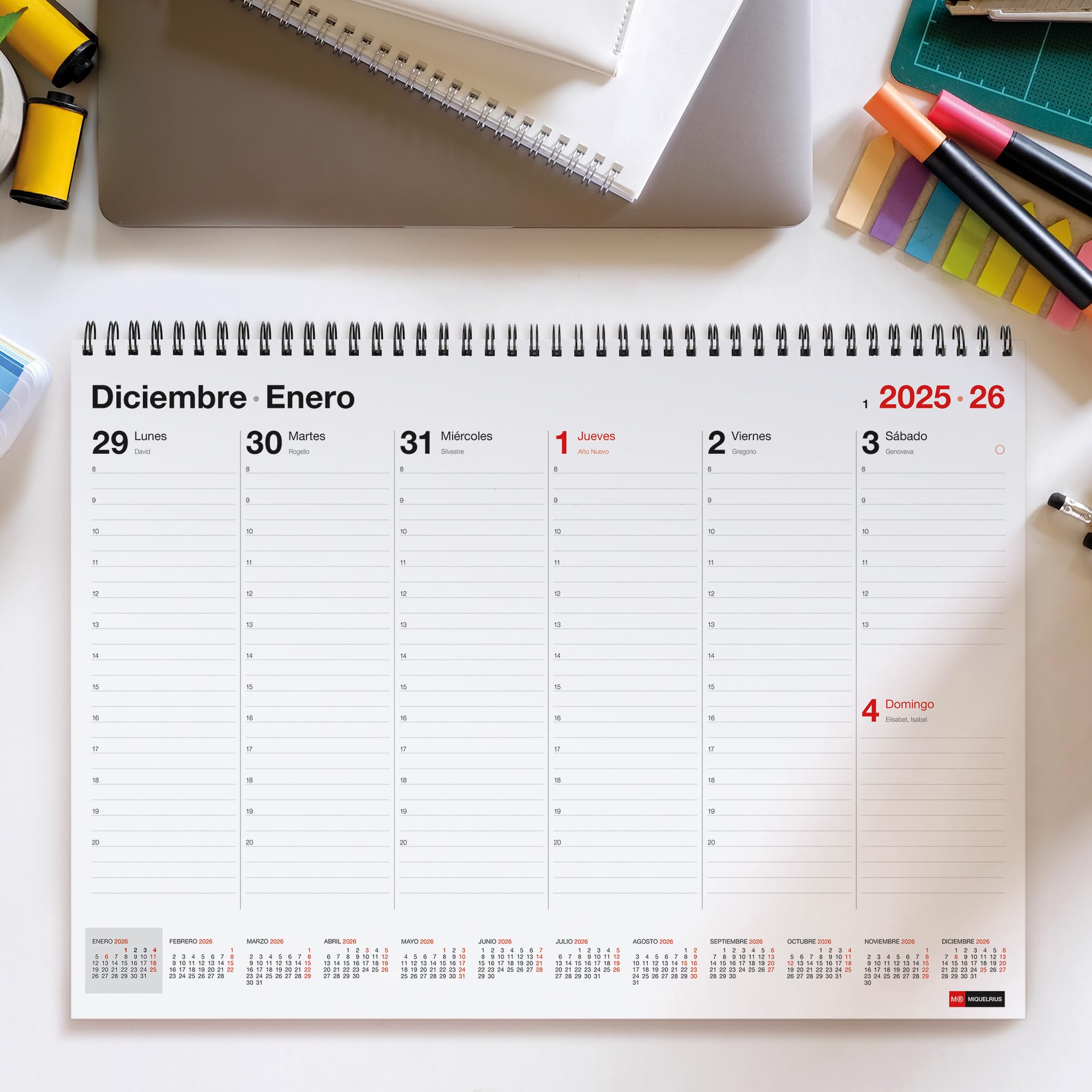 Miquelrius - Calendario 2026 semanal Basic, Planning de sobremesa, Planificador A3: 420 x 296 mm, Con espacio para anotar, Vade semana vista, Encuadernación espiral doble, Español