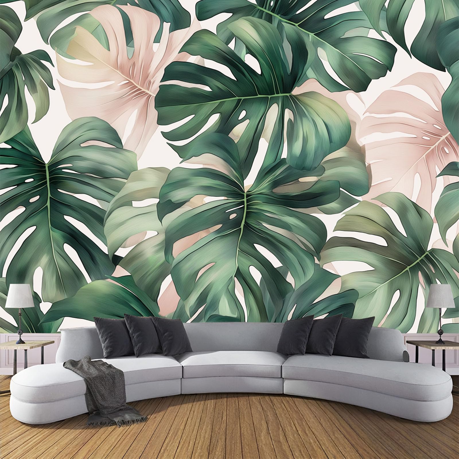 Papier peint panoramique pour salon qui transforme les murs blancs en jungle aquarelle
