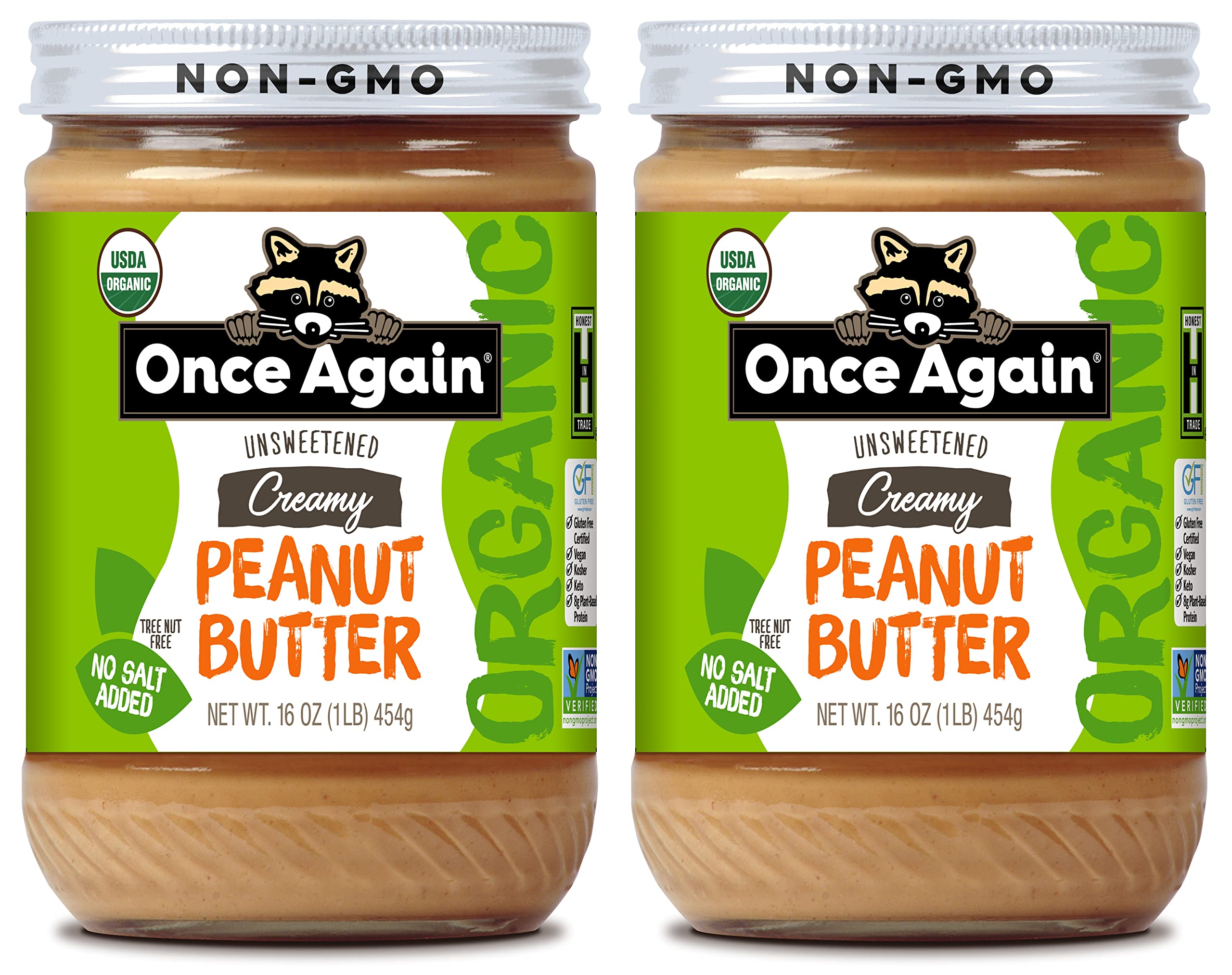 Once Again Organic Creamy Peanut Butter, 16oz - Salt Free, Unsweetened - USDA Organic, Gluten Free Certified, Vegan, Kosher - Glass Jar - 2 Pack