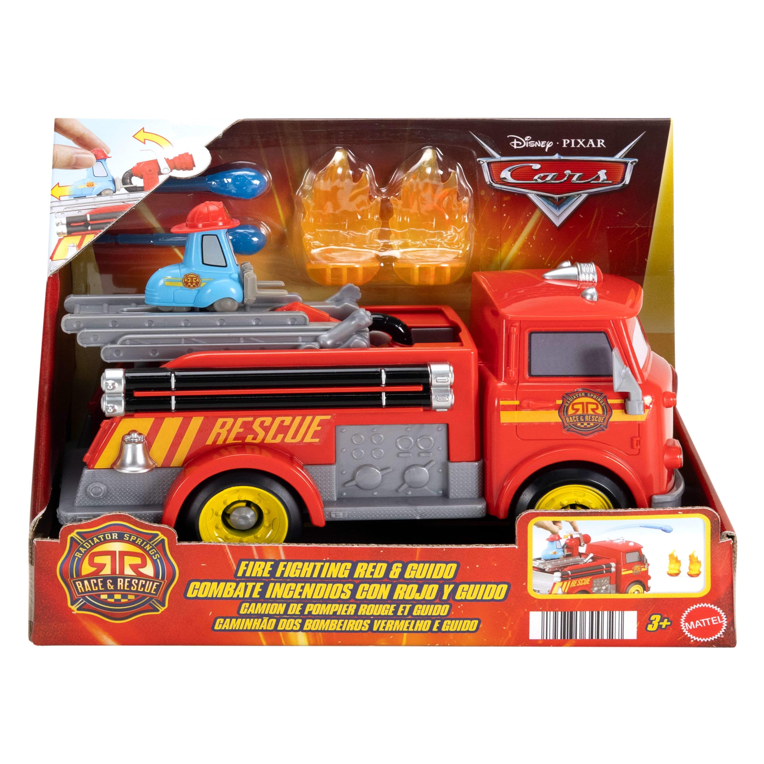 Mattel CARS - Sfreccia e Soccorri Red e Guido Pompieri, set con camion dei pompieri, 2 bersagli a forma di fiamma e 2 proiettili ad acqua inclusi, giocattolo per bambini, 3+ anni, JFL54