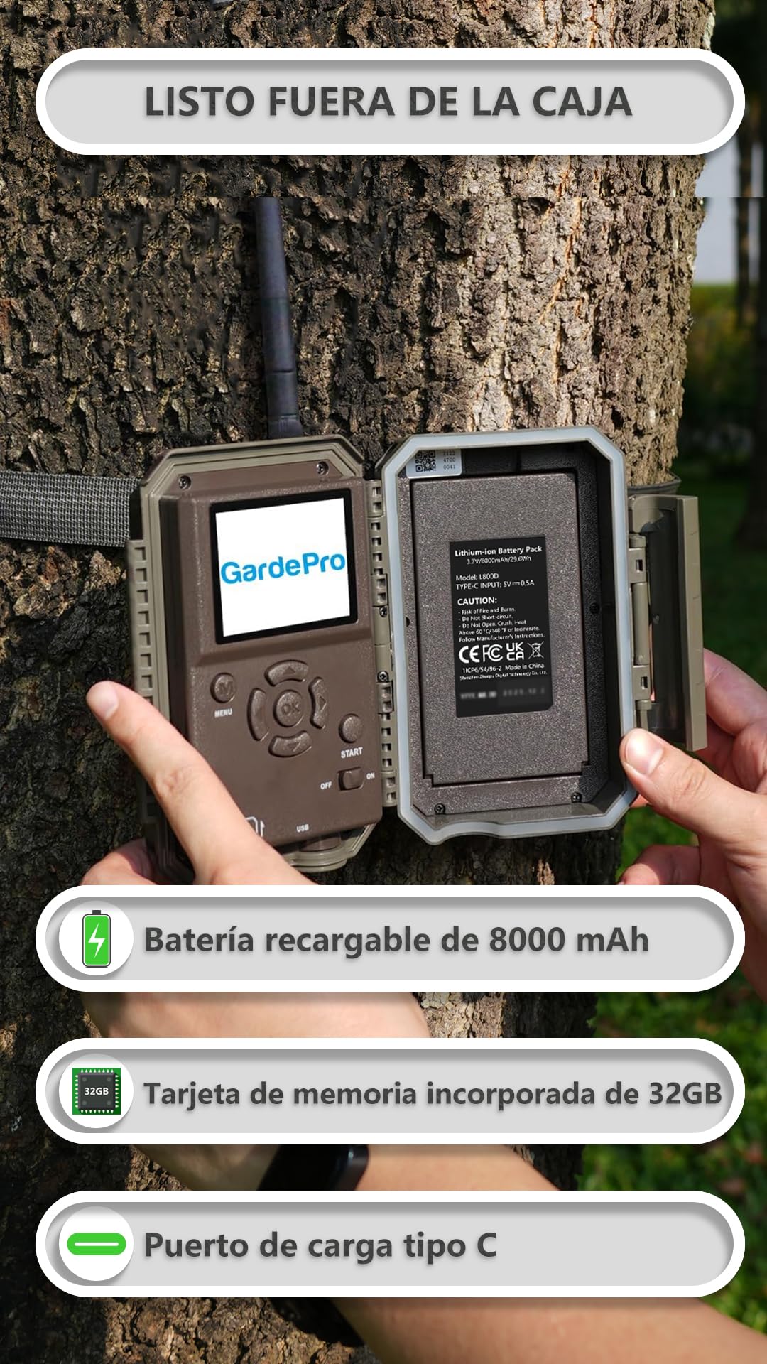 GardePro E8P MAX Cámara de Caza, WiFi, Batería Recargable 8000mAh, Tarjeta SD Incorporada, 64MP 1296P, Camara Fototrampeo con Alcance de Visión Nocturna WiFi con 0,1s Tiempo de Activación