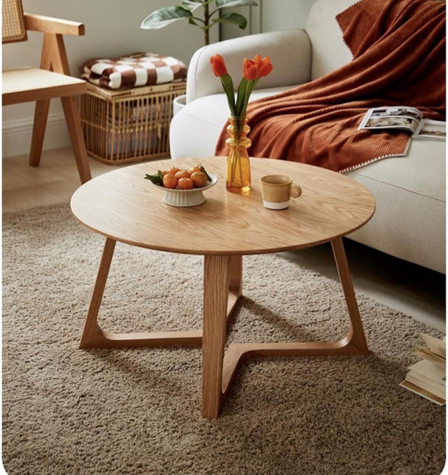 Wood Round Coffee Table,100% Solid Wood Coffee Table With Bow-Wood Base Legged Side Table,For Small Space Living Room Office Modern Center Circle Coffee Table