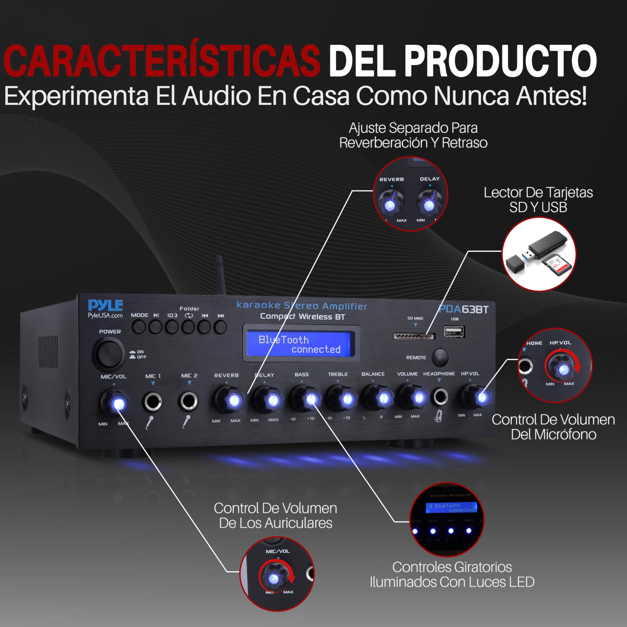 Pyle Amplificador Estereo BT, Inalambrico, Multicanal, 200V, para el hogar, Radio FM, USB, SD, AUX, RCA, Entrada de microfono