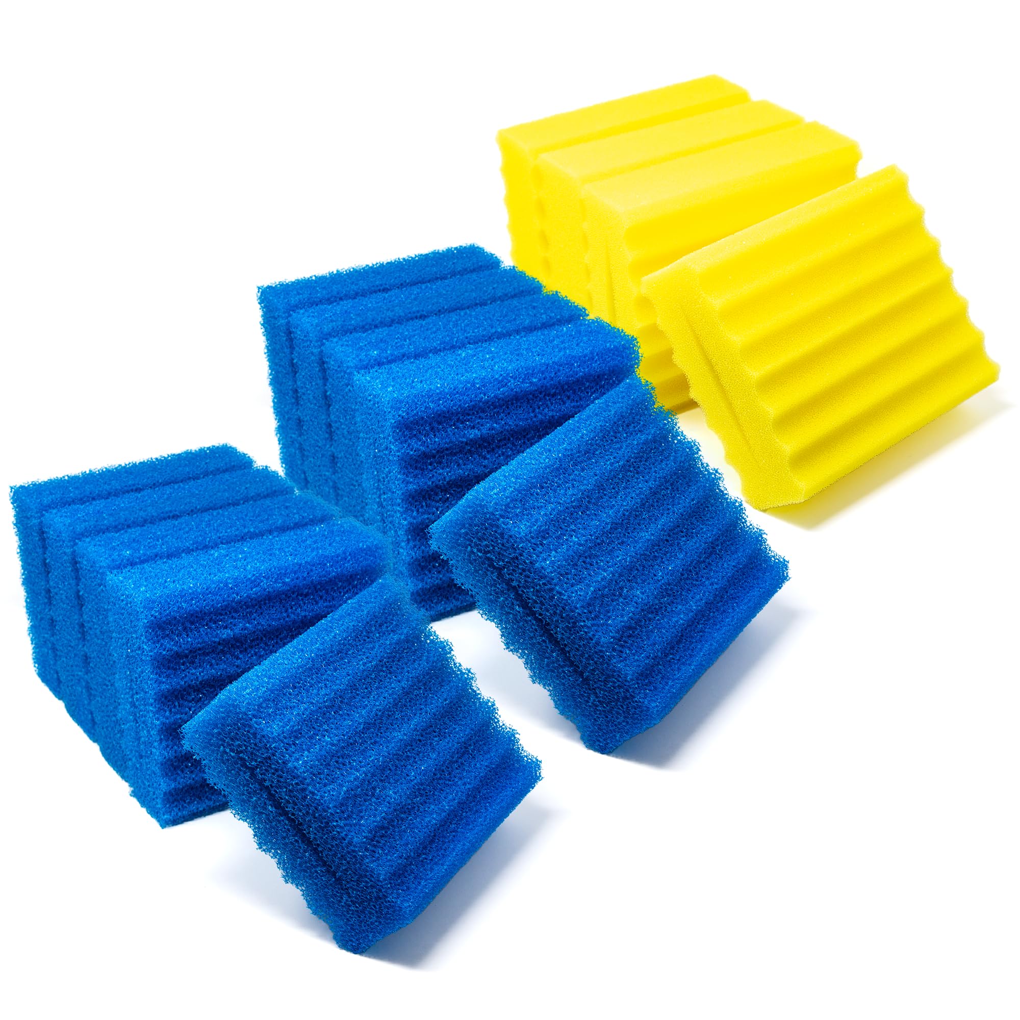 Pondlife Teichfilter Schwämme für CBF 350 C, Ersatz-Filterschwämme aus offenporigem Filterschaum, 10x blau (grob), 4x gelb (fein), geriffelte Oberfläche für abgestufte Filtration, ca. 23 x 20 x 8 cm