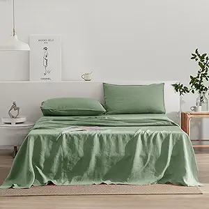 EVERLY Linen Sheets Set King Size,100% French Stonewash Pure Linen Sheets Set,4Pieces (1Flat Sheet,1Fitted Sheet,2Pillowcase) Suitable for Hot Sleepers,Deep Pocket Natural Bedding Set-Saga Green-King