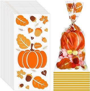 100 Pieces Fall Cellophane Bags Autumn Theme Maple Leaves Pumpkin Filbert Treat Bags Candy Bags Thanksgiving Goodies Bags with 100 Pieces Twist Ties Party Supplies for Thanksgiving Holidays