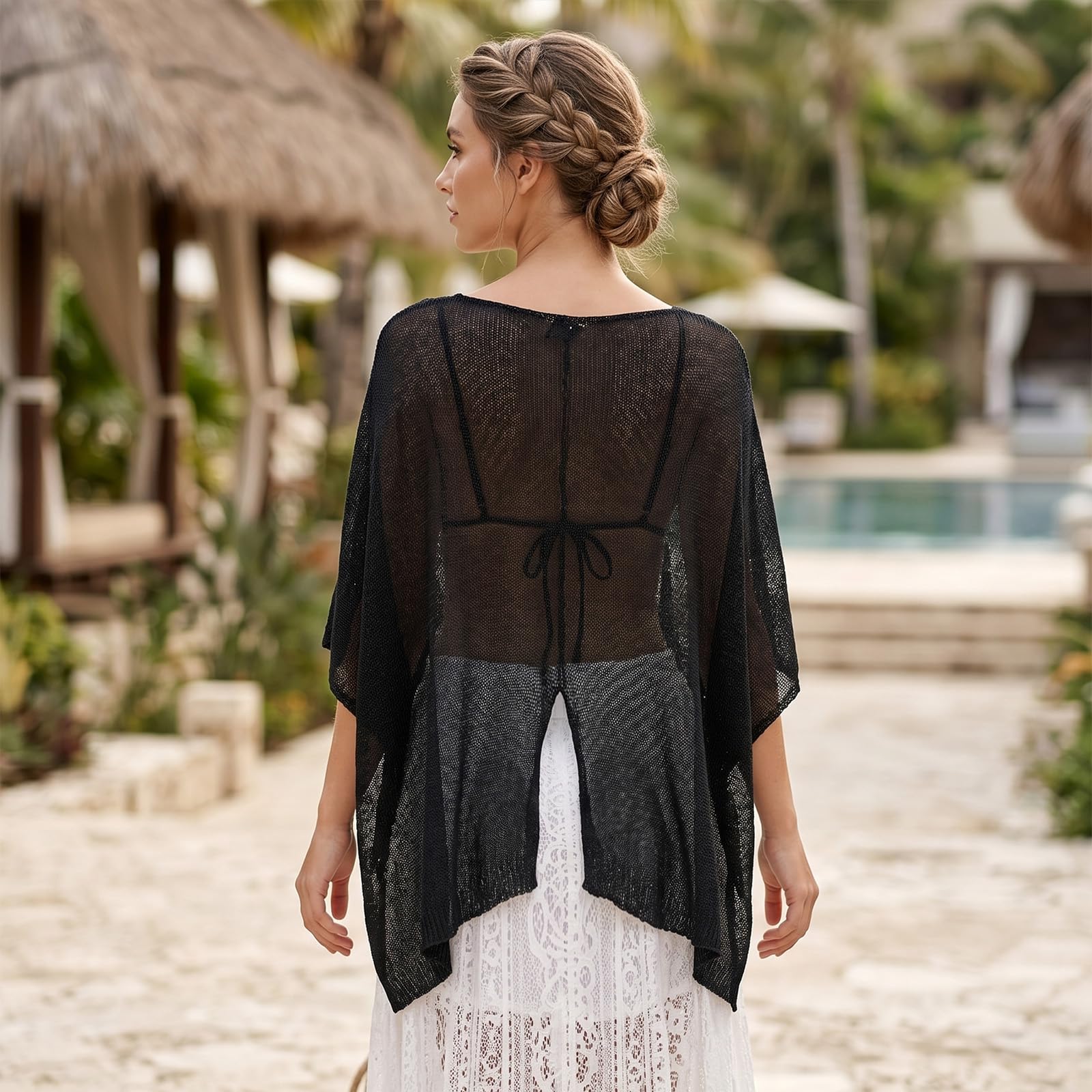 Felcia Strickponcho für Damen, leicht, schulterfrei, gehäkelt, durchsichtig, asymmetrischer Saum, einfarbig