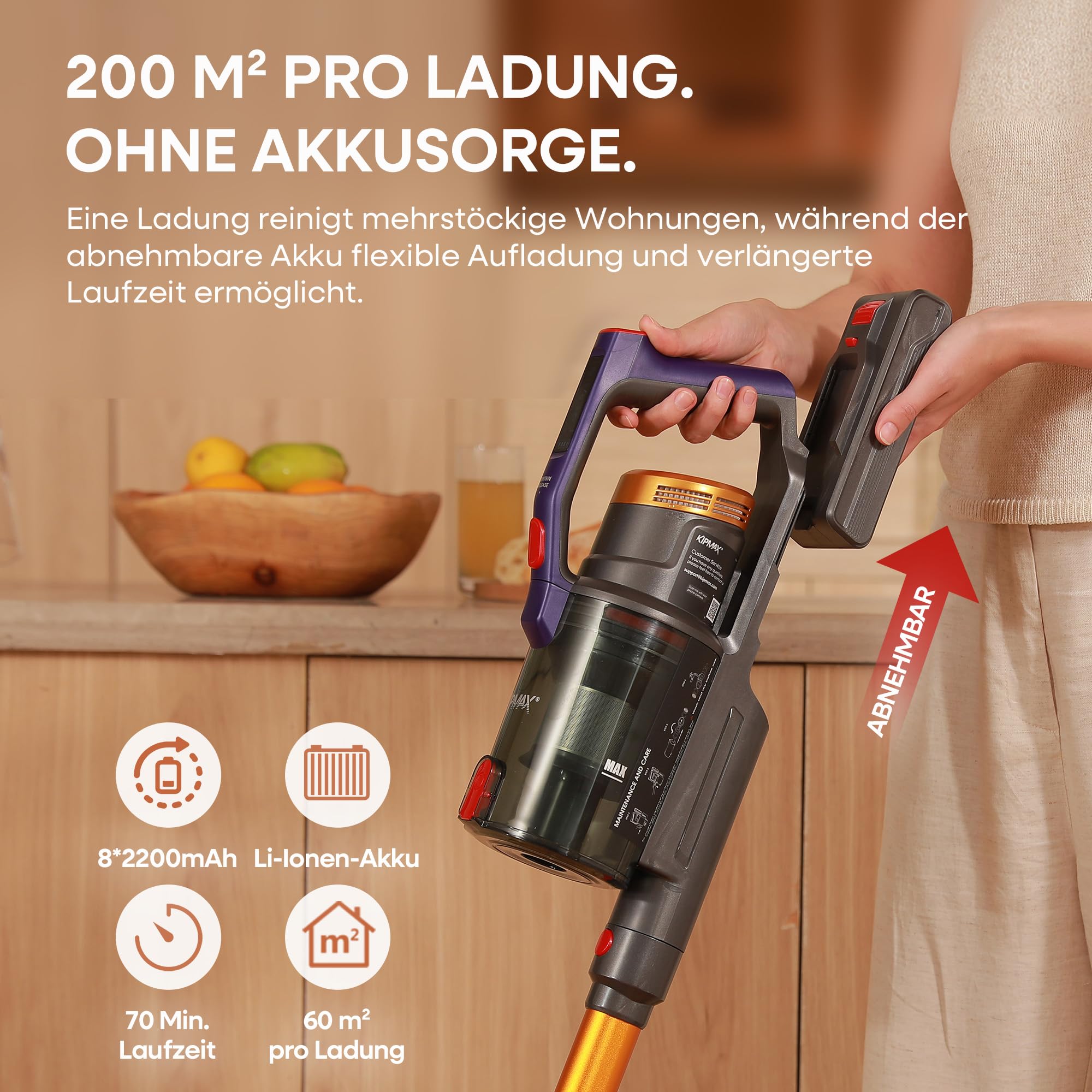 KIPMAX Akku Staubsauger 50000Pa/550W/70Min,1.5L akku Staubsauger Kabellos mit Display,Anti-Tangle-Bürste,7-Schicht-Filtra & Duftfunktion für Teppiche/Tierhaar/Hartböden