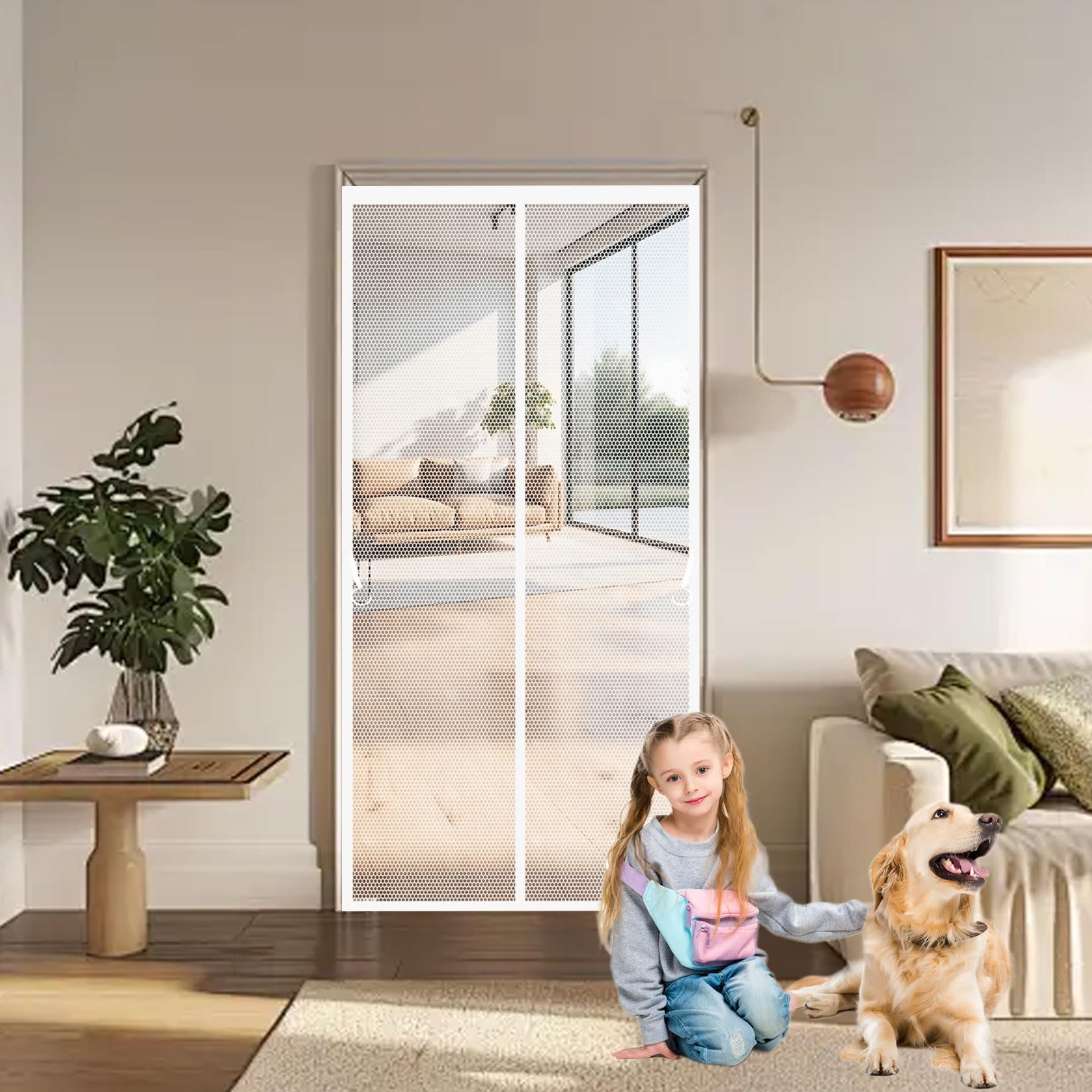 Mosquito Door Screen 92 x 235 cm with Magnets, Magic Tapes, Polyester Fly Screen Curtain Lets Fresh Air, Easy to Install Pet and Kid Friendly, White