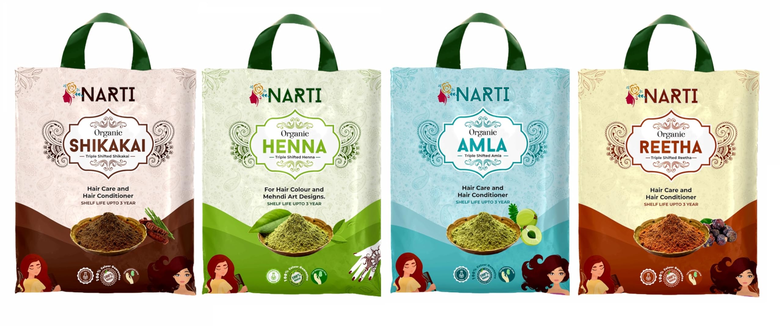 Narti premium 2 kg combo of henna amla reetha shikakai powder for hair care with growth | fine shifted henna amla reetha shikakai powder combo pack to fight all hair problem (500 gm Pack of 4)-image-24