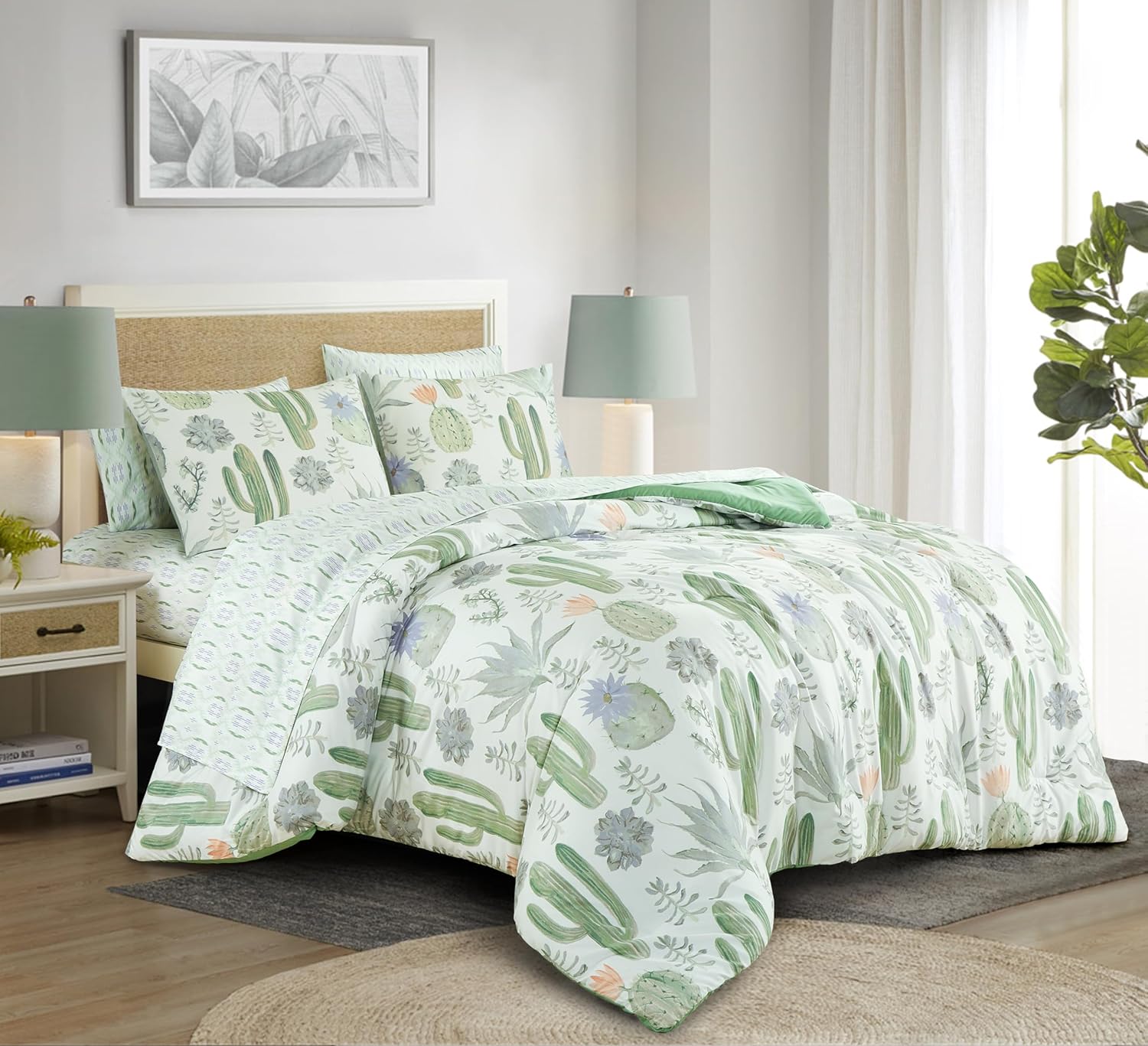 Chezmoi Collection Gregory 7-Piece Serene Lodge Bed in a Bag Queen Comforter Set - Green Blue Cactus Succulent Plant Printed Microfiber Bedding Set