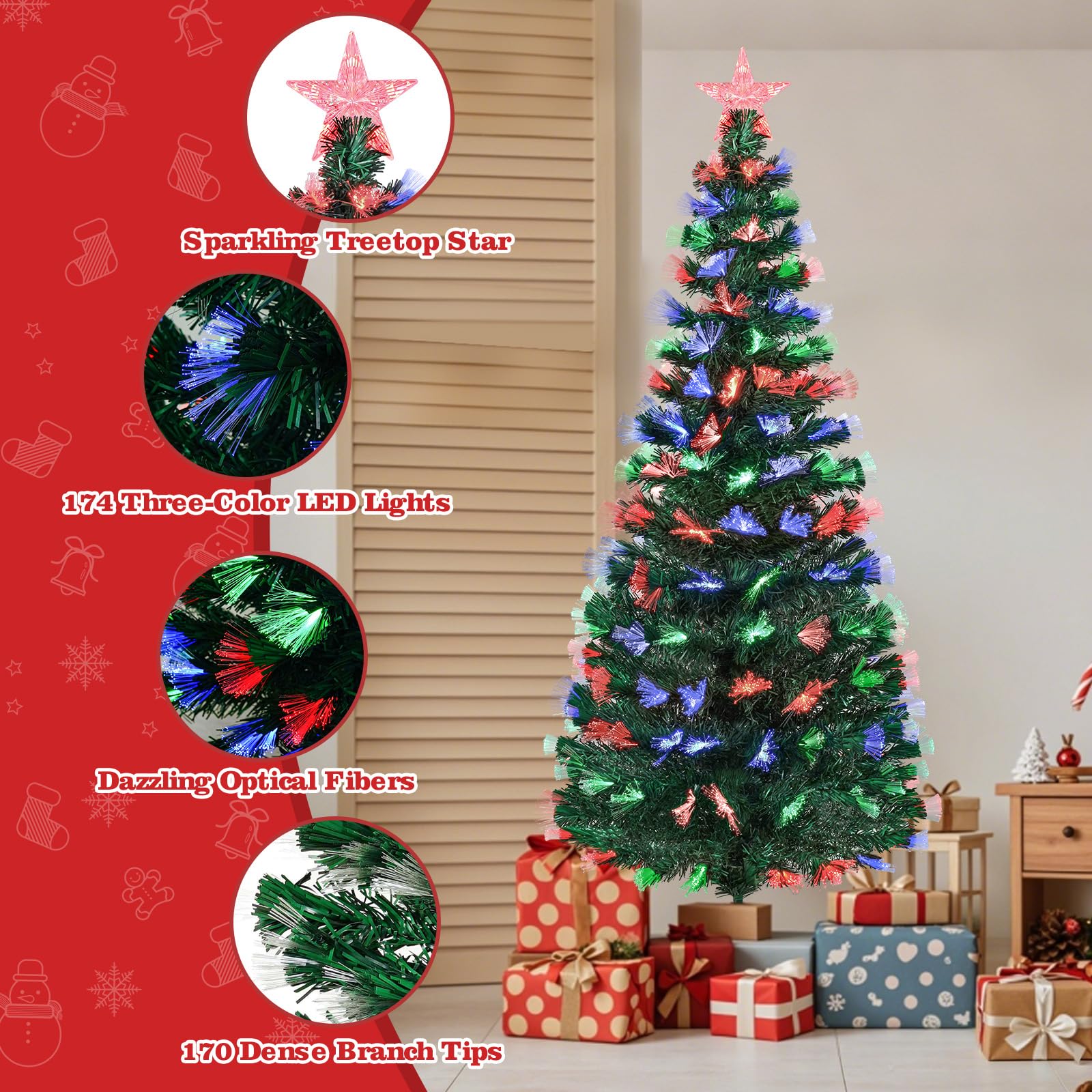 Sapin de Noël Artificiel Uten de 1,5 m avec Pointe en PVC de 170 mm, lumière en Fibre de Verre 3 Couleurs, 8 Modes, Support en métal, décoration de Noël pour l'intérieur