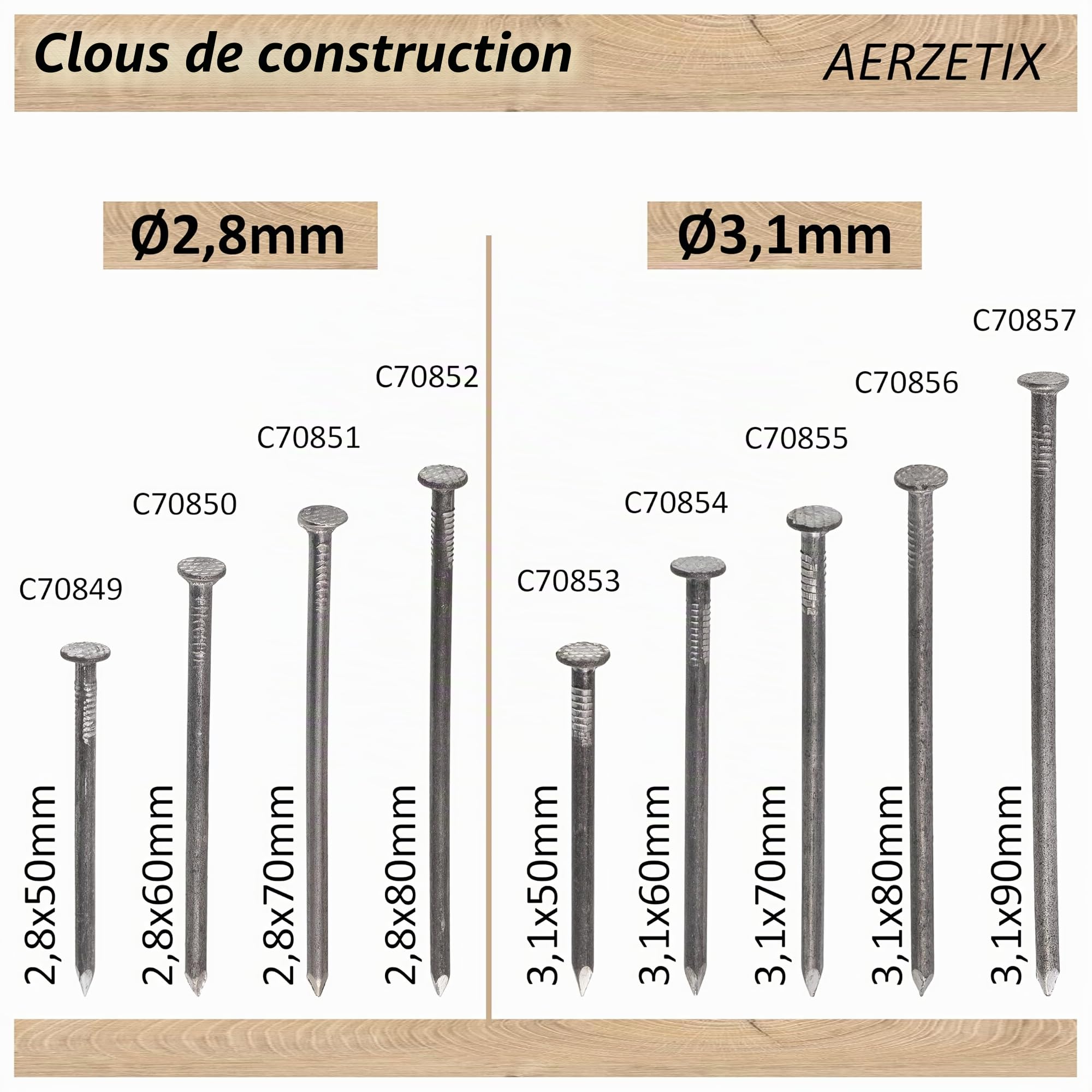 AERZETIX - C70867 - Lot de 50 Clous à tête plate Ø6x200 mm - diamètre de la tête Ø12 mm - en acier - couleur argent - rembourrage bardage menuiserie