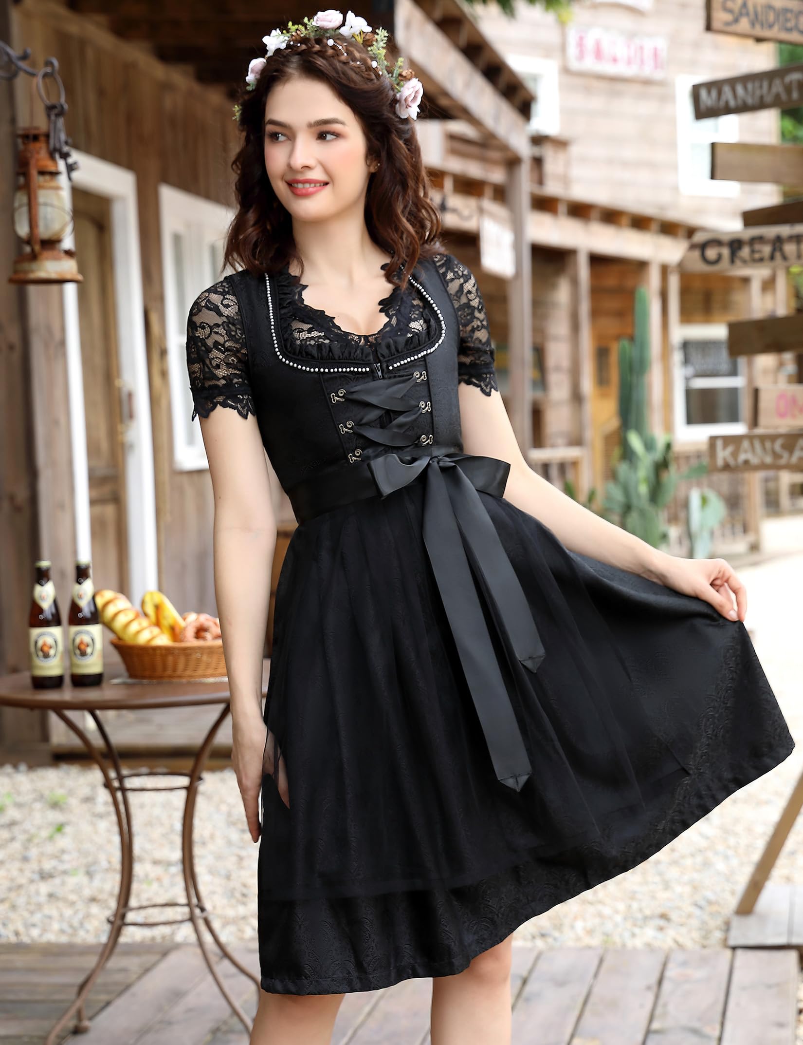 KOJOOIN Kurz Dirndl Damen 3Tlg. Trachtenkleid Midi für Oktoberfest mit Spitzenschürze