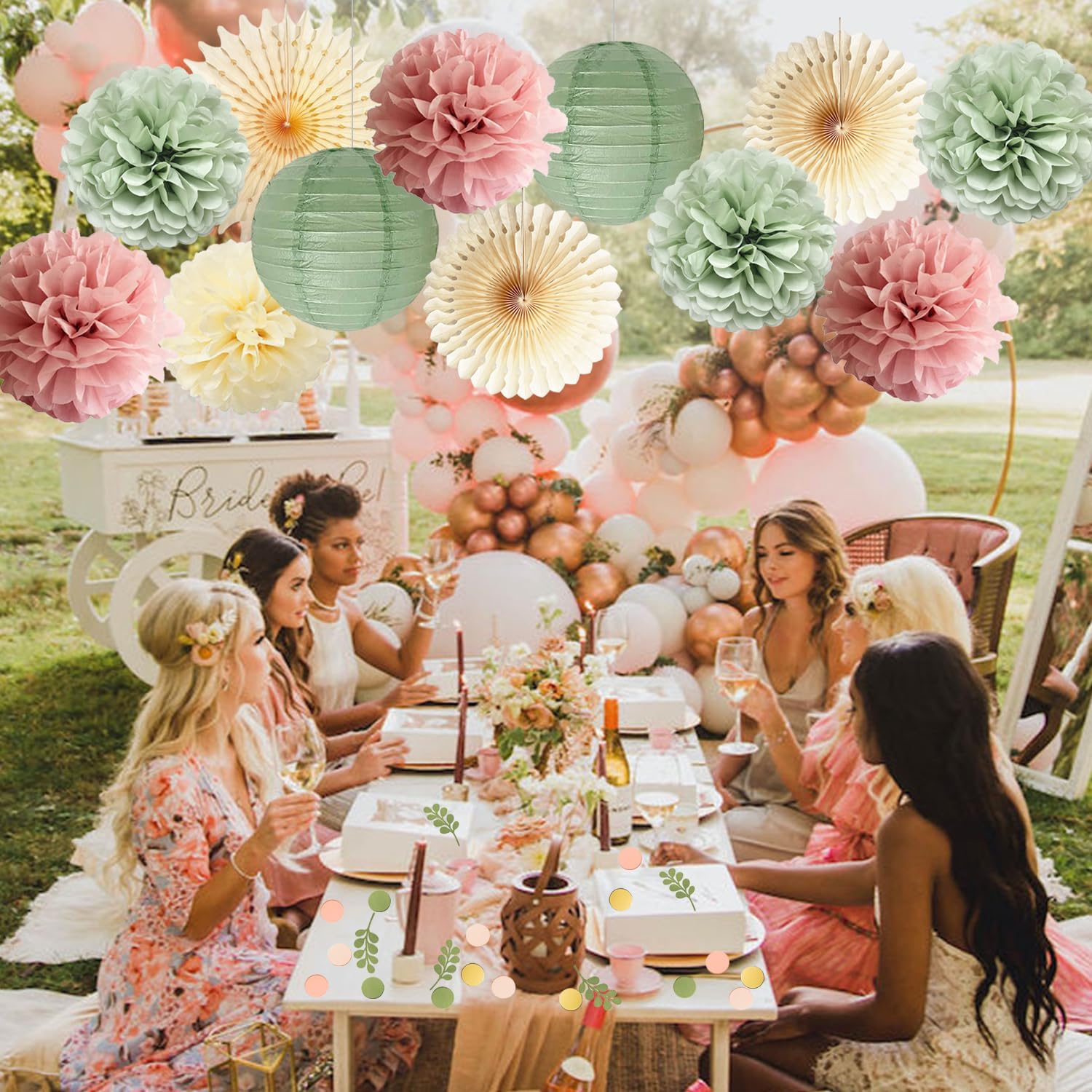 Dusty Pink and Sage Green Party Decorations Dusty Rose Sage Green Tissue Pom Poms Paper Lanterns Confetti Dots Scatter Table Decoration for Women Girls Birthday Party Wedding Baby Shower Engagement