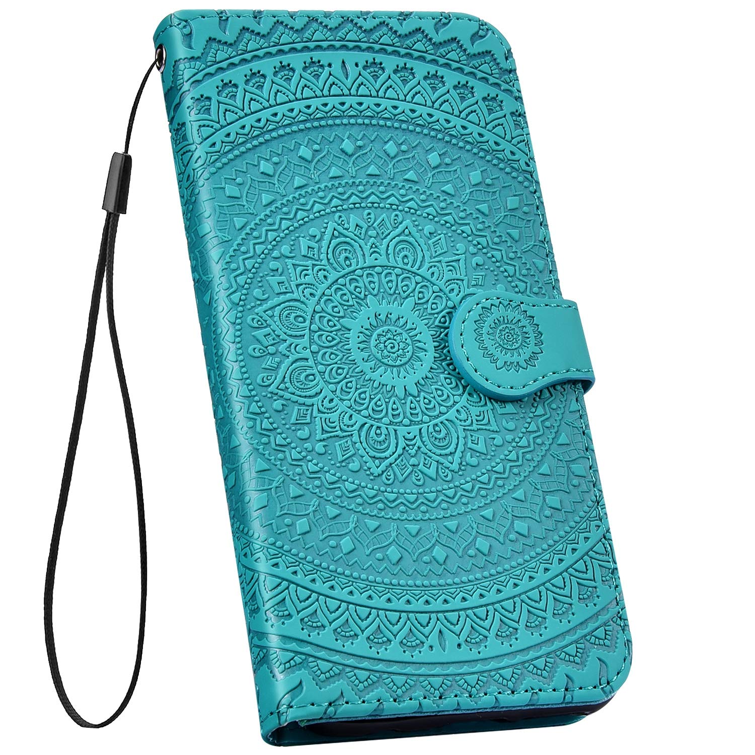 YSIMEE Compatible with Samsung Galaxy A3 2017 Cases,Embossed Mandala Pattern PU Leather Wallet Stand Flip with Magnetic Closure Kickstand Card Slots Holder Drop Proof Wrist Strap Cover,Green #2