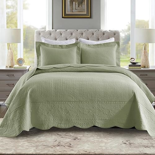 MarCielo Juego de ropa de cama de 3 piezas, 100 % algodón, juego de colcha de gran tamaño, ligero y bordado, estilo rústico, TF (TG verde pálido, disponible en Yaxa Costa Rica